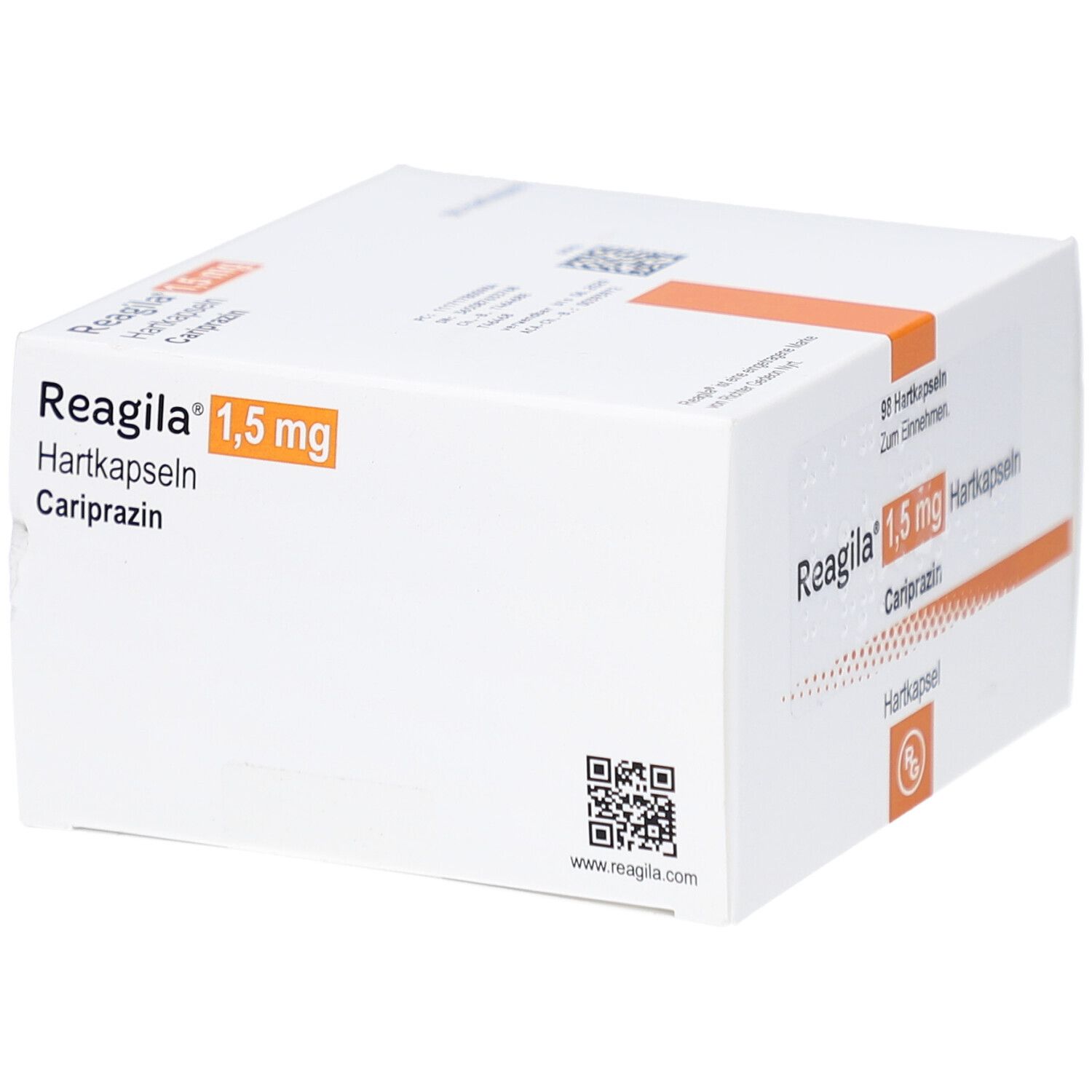 Weiße Faltschachtel mit orangefarbenem Streifen. Beschriftung: Reagila 1,5 mg Hartkapseln, Cariprazin. QR-Code.