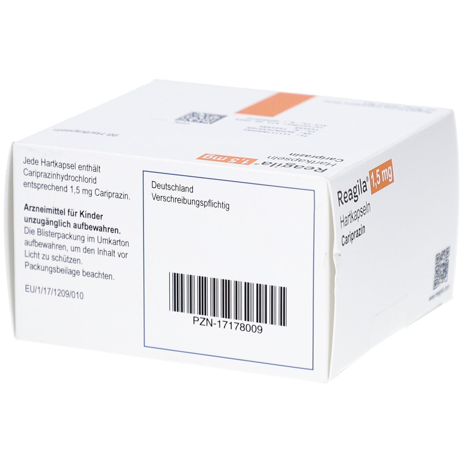 Weiße Faltschachtel mit orangefarbenem Streifen. Text: Reagila 1,5 mg Hartkapseln, Cariprazin. Barcode und weitere Informationen.