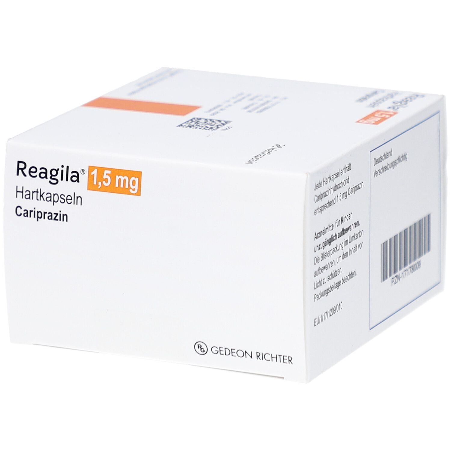 Weiße Faltschachtel mit orangefarbenem Streifen. Beschriftung: Reagila 1,5 mg Hartkapseln, Cariprazin. Gedeon Richter Logo.