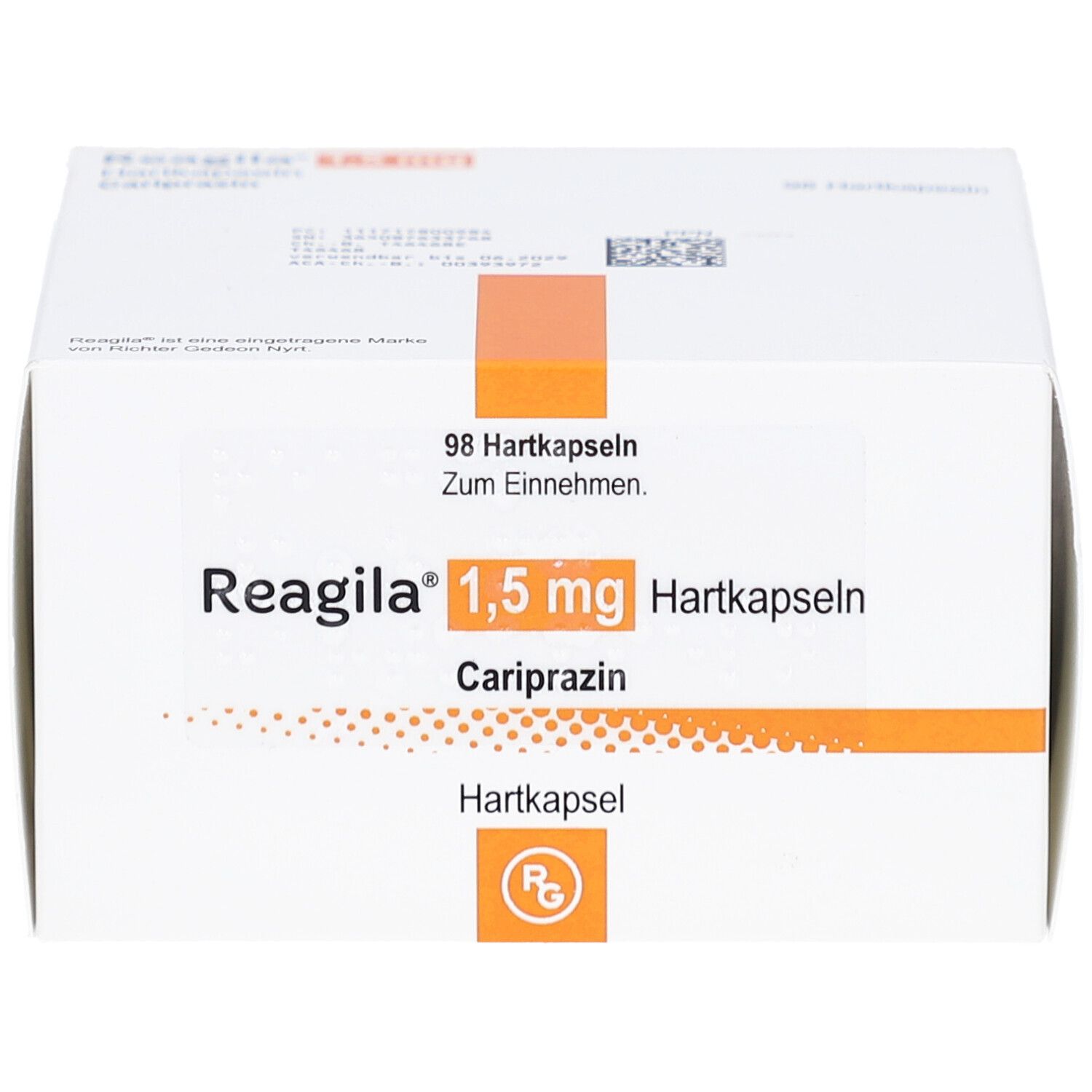 Weiße Faltschachtel mit orangefarbenem Streifen. Beschriftung: Reagila 1,5 mg Hartkapseln, Cariprazin. 98 Hartkapseln.