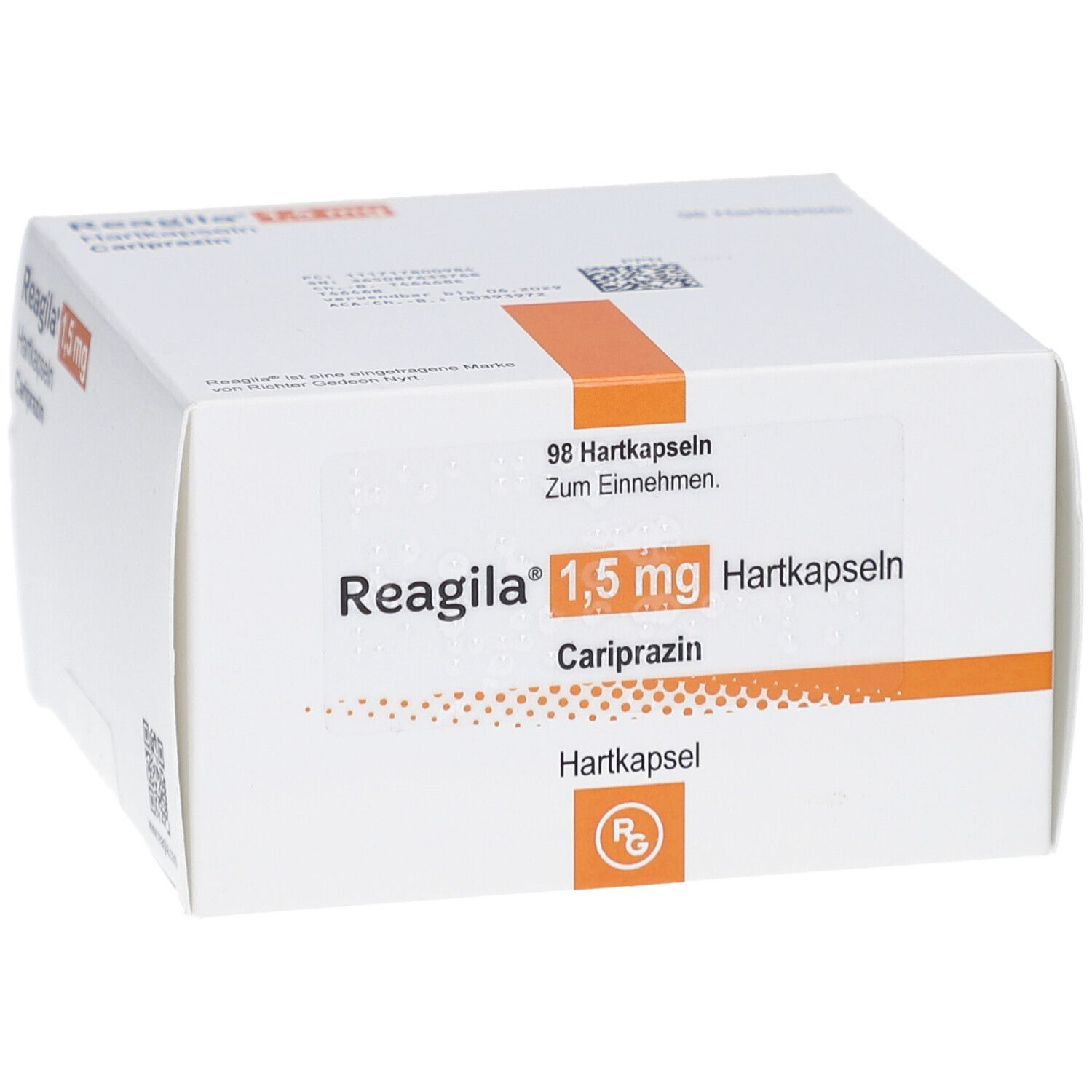 Weiße Faltschachtel mit orangefarbenem Streifen. Beschriftung: Reagila 1,5 mg Hartkapseln, Cariprazin. 98 Hartkapseln.