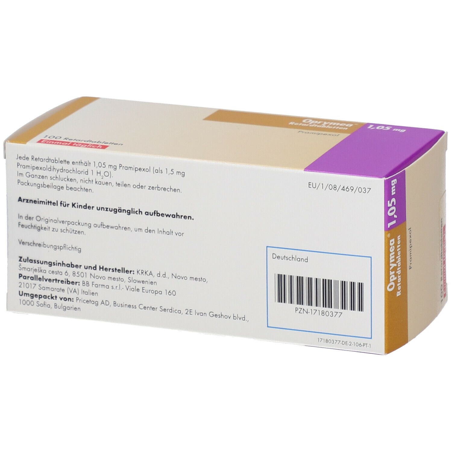 Rückseite der Schachtel Oprymea® 1,05 mg Retardtabletten. Text: 100 Tabletten. Zum Einnehmen. Einmal täglich. Herstellerinformationen und Barcode.