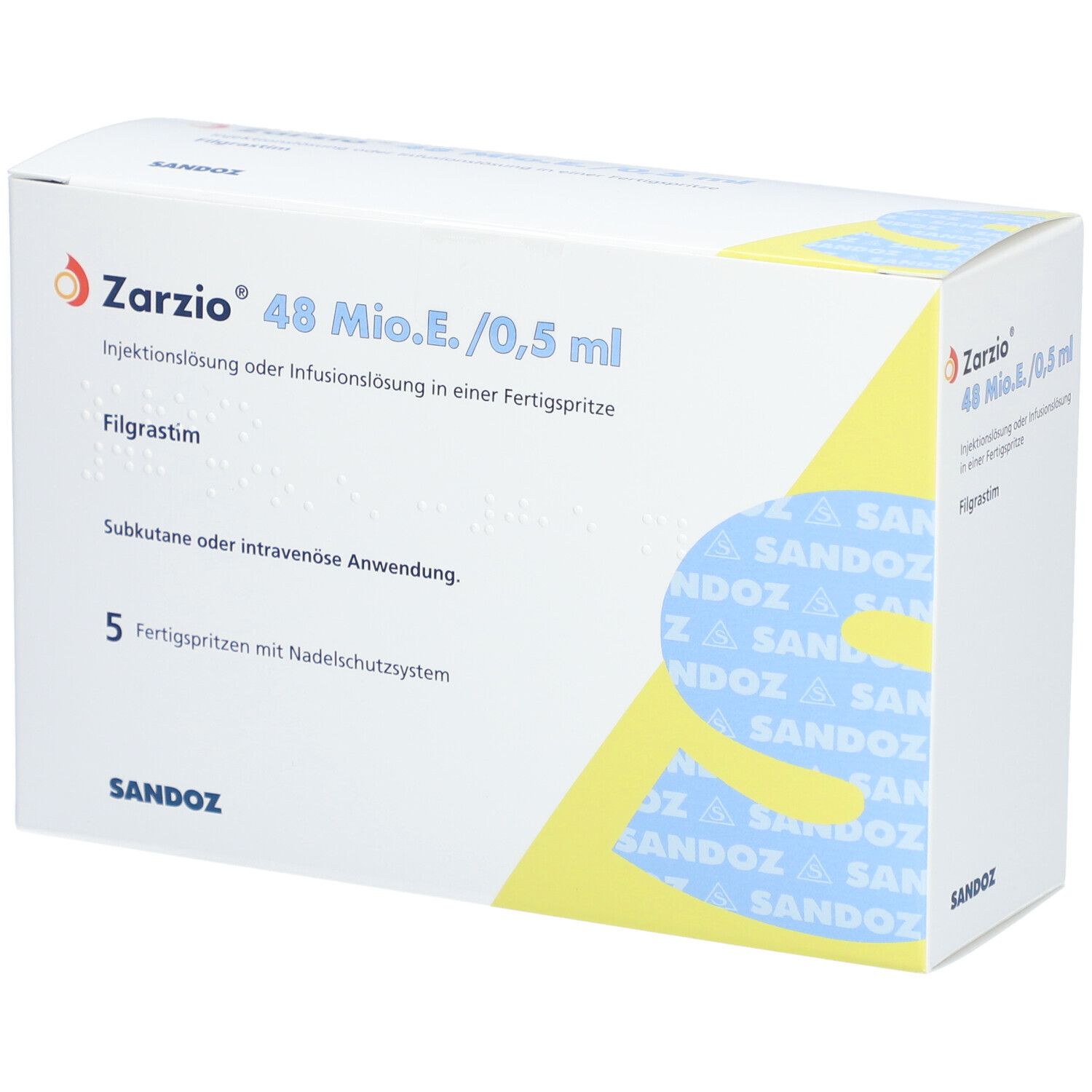 Karton von Zarzio 48 Mio.E./0,5 ml. 5 Fertigspritzen mit Nadelschutzsystem. Sandoz Logo.