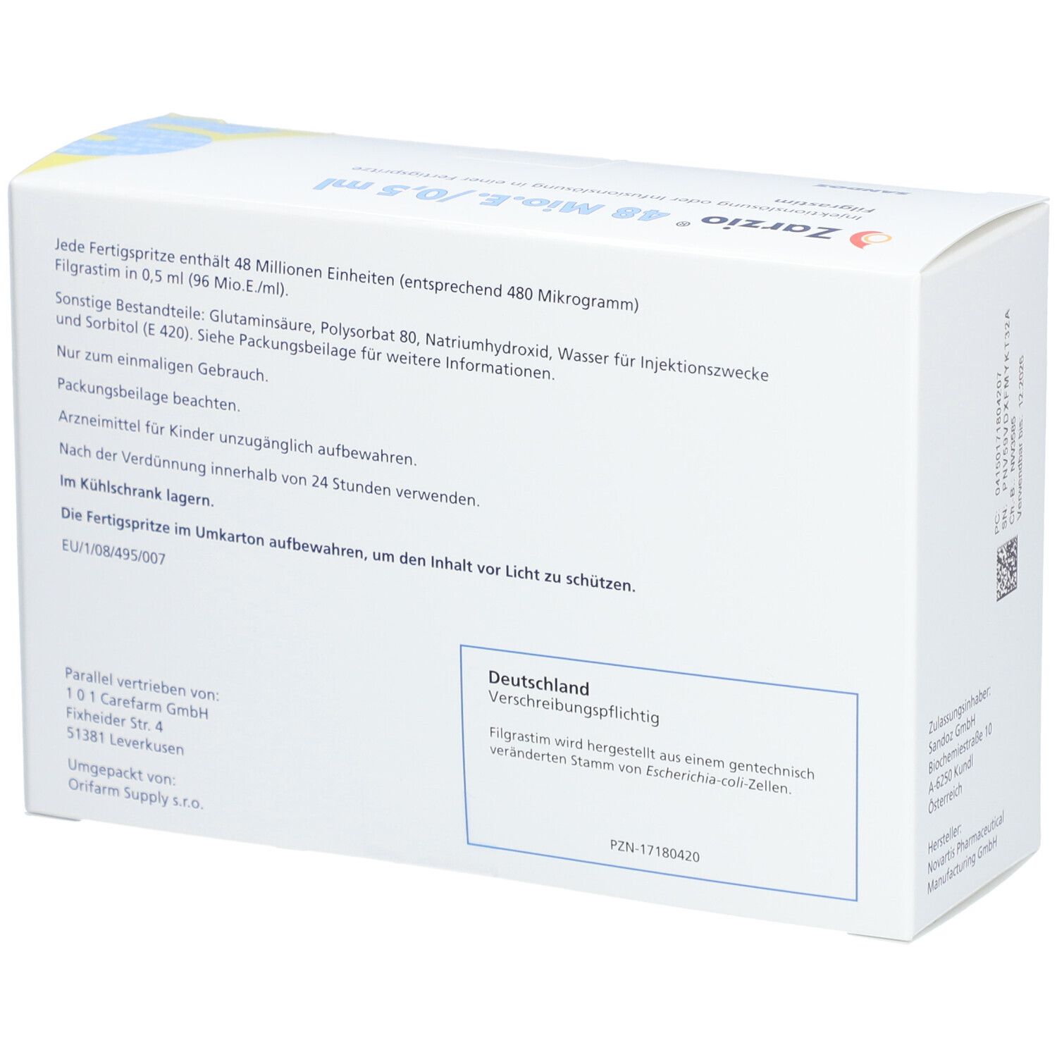 Rückseite der Zarzio 48 Mio.E./0,5 ml Packung. Text, Barcode und Logo.