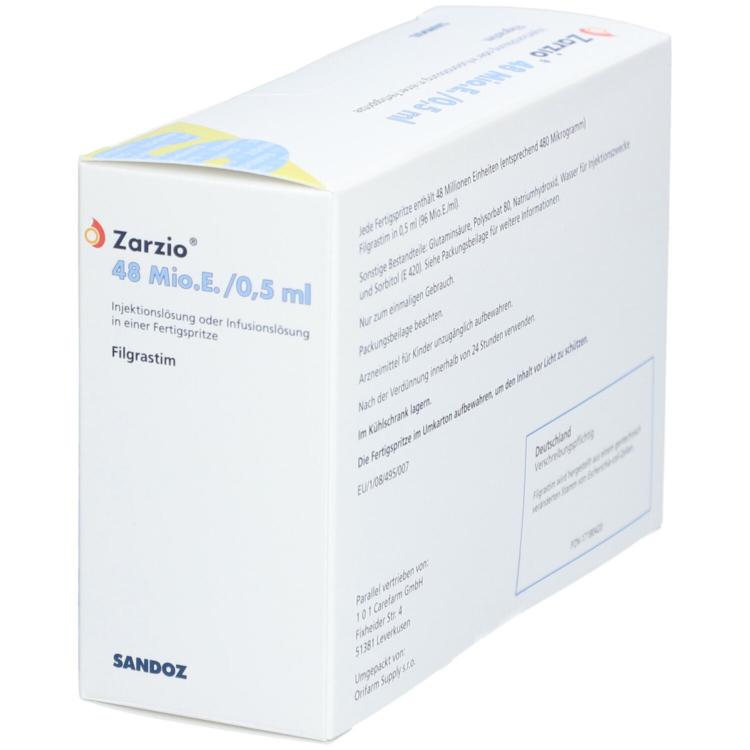Karton von Zarzio 48 Mio.E./0,5 ml. Seite mit Text und Logo. Sandoz Logo.