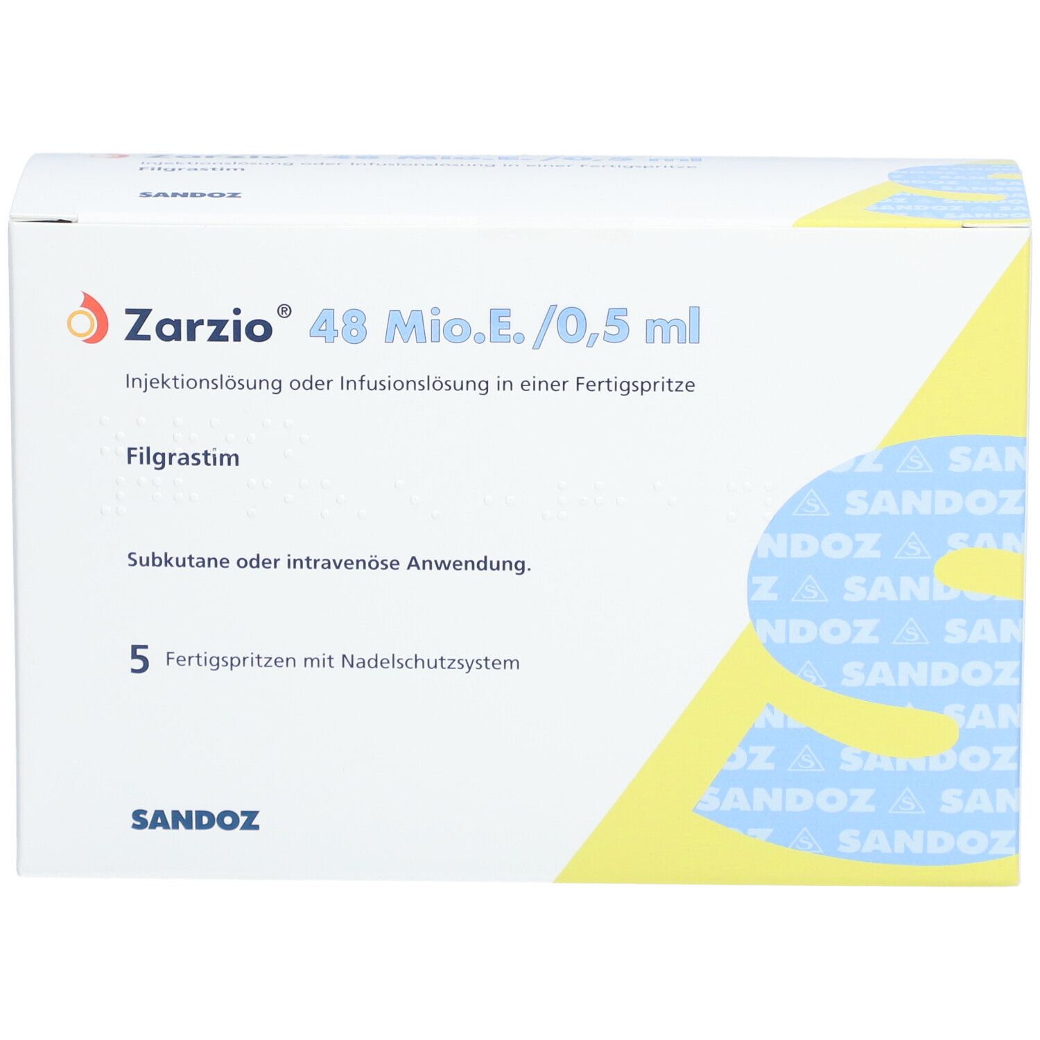 Karton von Zarzio 48 Mio.E./0,5 ml. Vorderseite mit Text und Logo. Sandoz Logo.