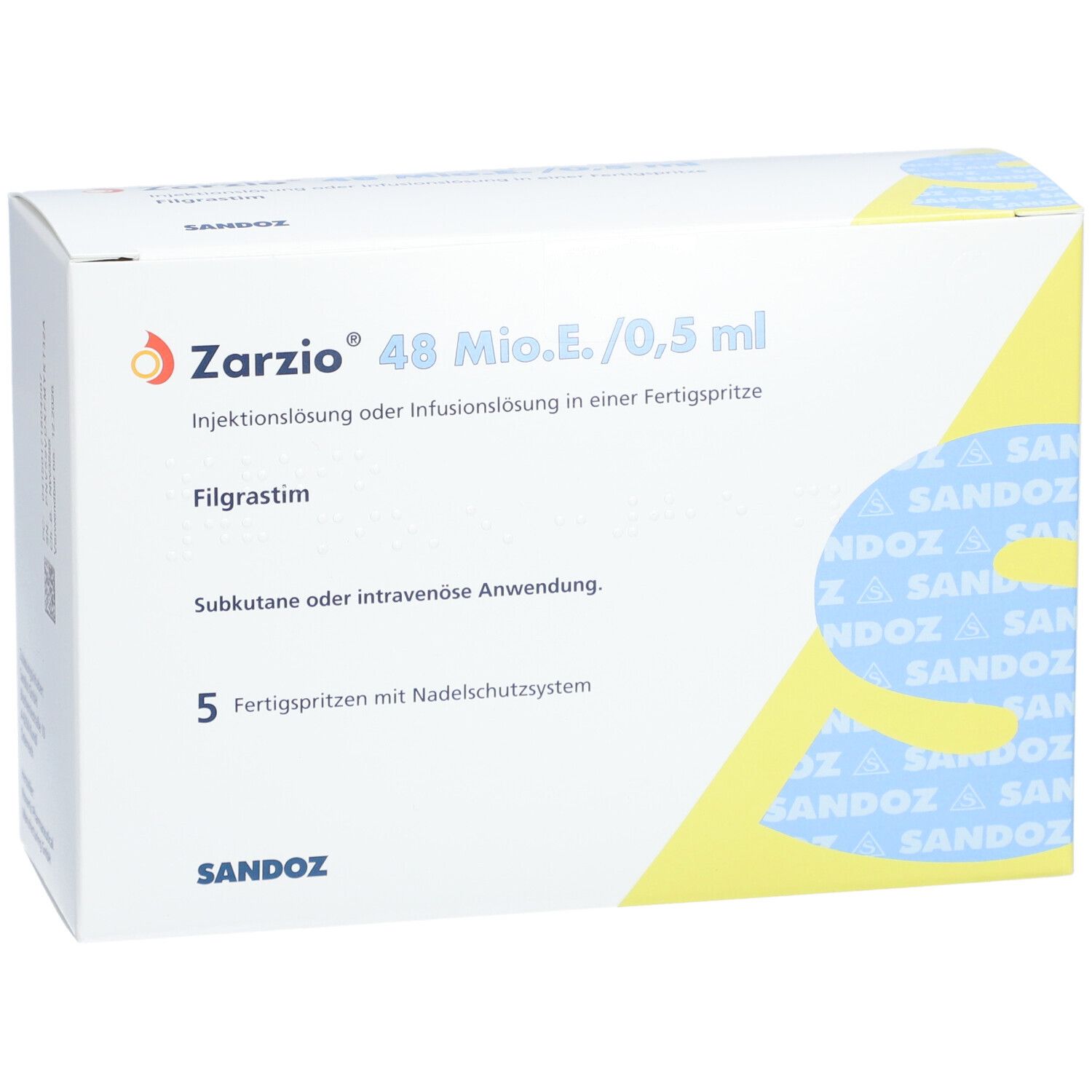 Karton von Zarzio 48 Mio.E./0,5 ml. Vorderseite mit Text und Logo. Sandoz Logo.