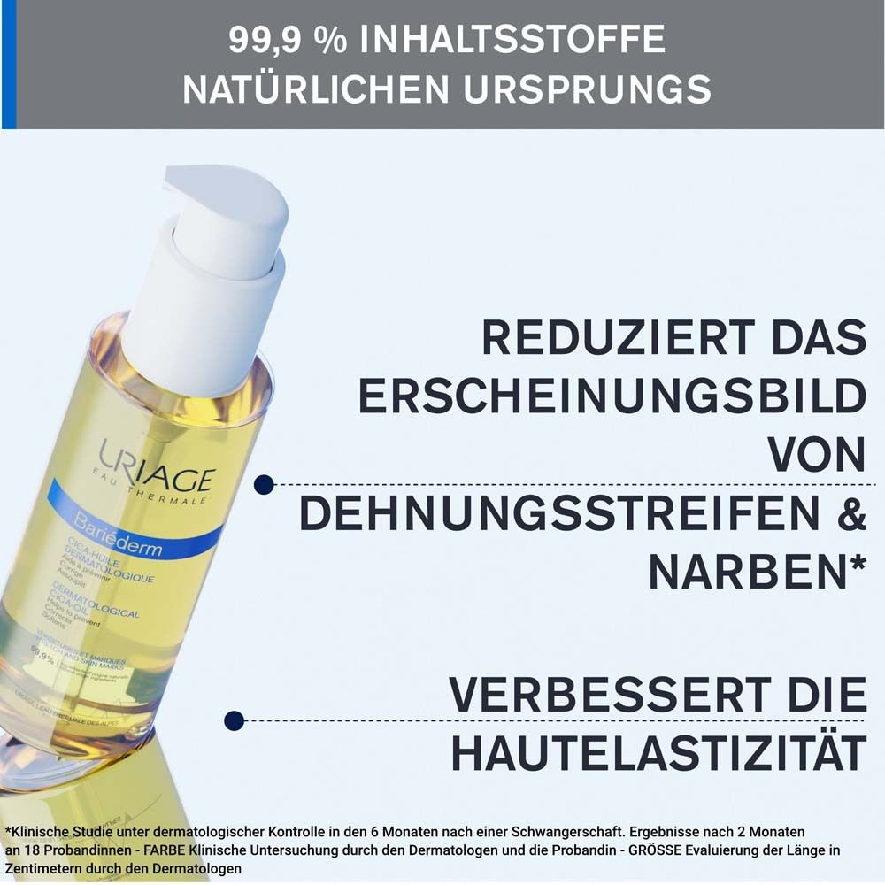 URIAGE® Bariéderm-CICA Öl. Reduziert Dehnungsstreifen & Narben. Verbessert die Hautelastizität. Text auf blauem Hintergrund.