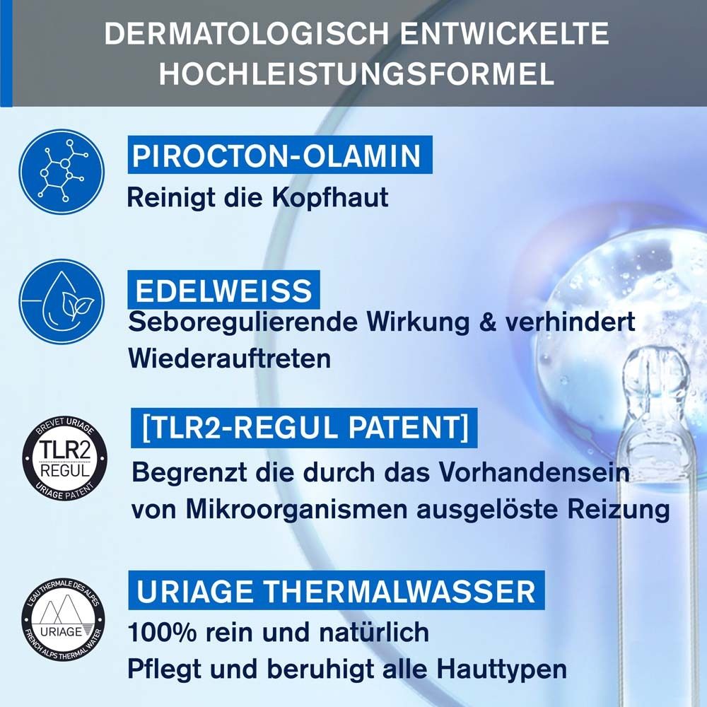 Grafik mit Inhaltsstoffen: Pirocton-Olamin, Edelweiß, [TLR2-REGUL PATENT], Uriage Thermalwasser.