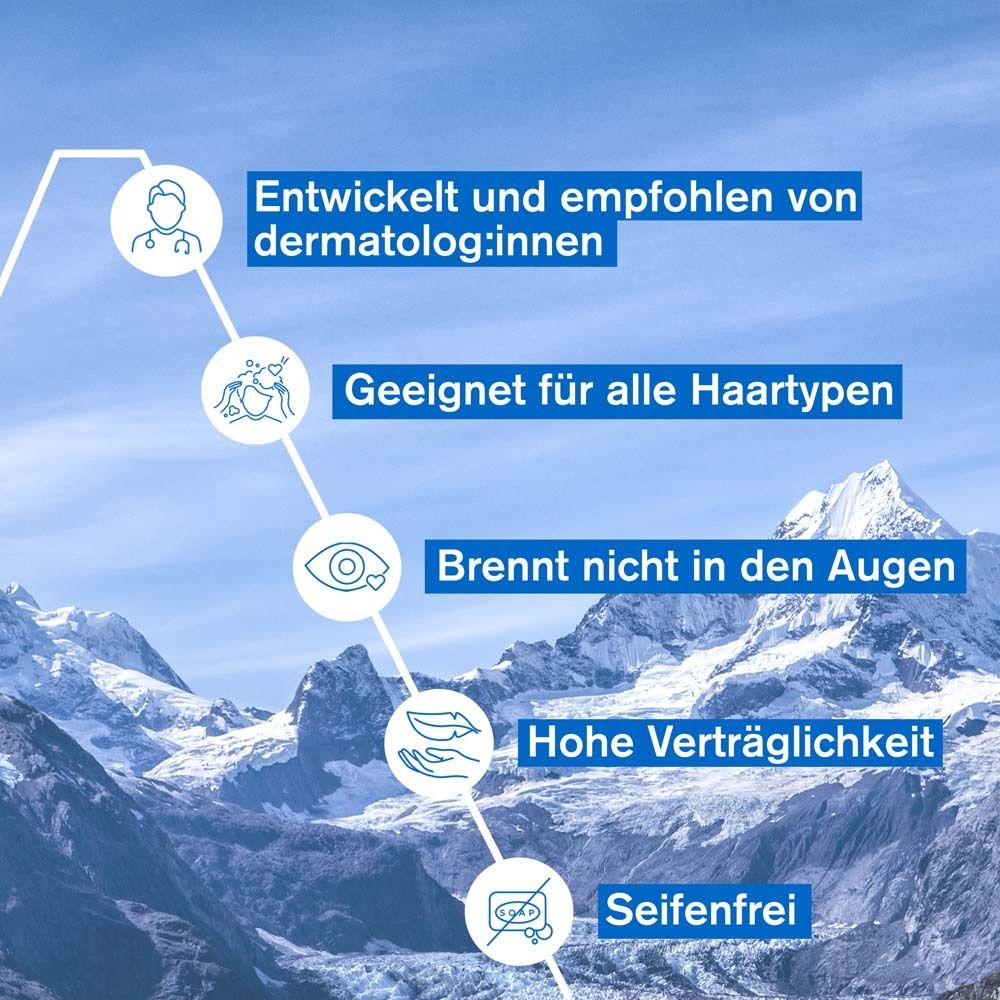 Grafik mit Text: Entwickelt und empfohlen von Dermatologen, geeignet für alle Haartypen, brennt nicht in den Augen.