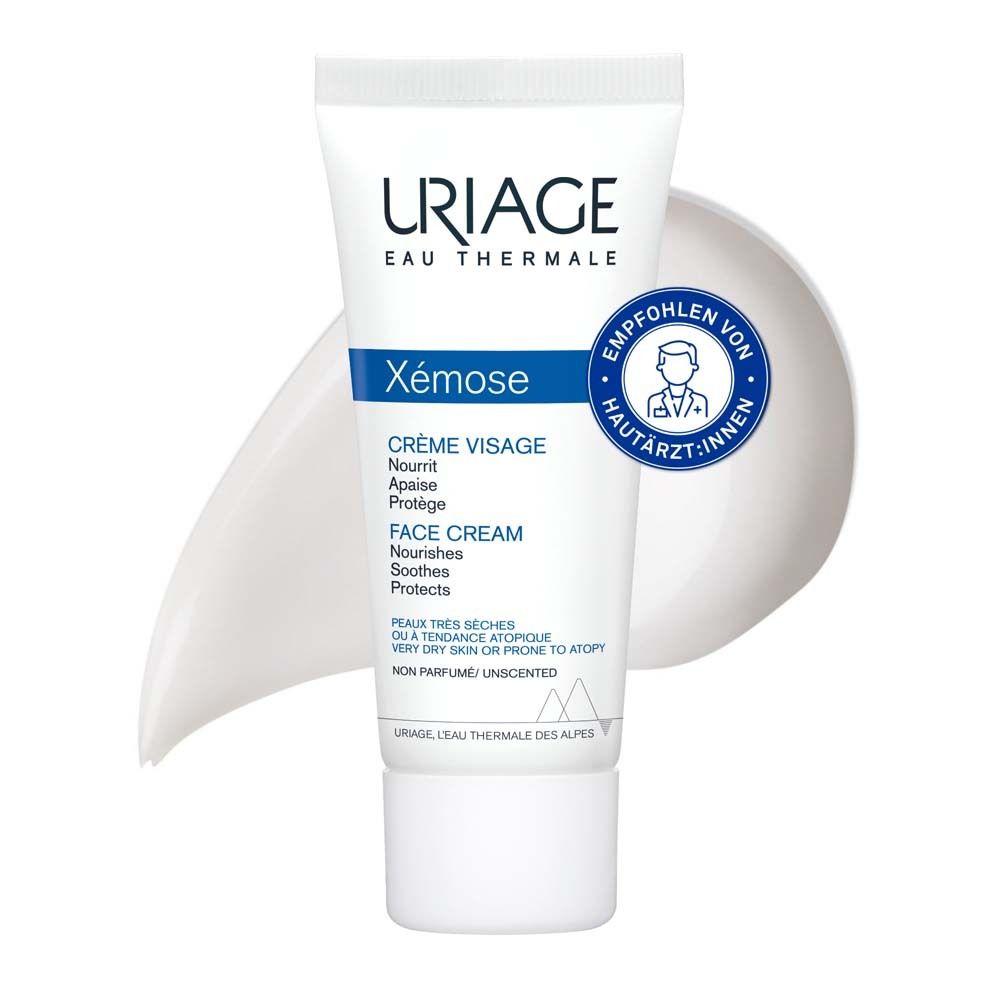 Weiße Tube mit blauer Schrift. URIAGE und Xémose-Logo. Empfohlen von Hautärzten. Creme für das Gesicht.