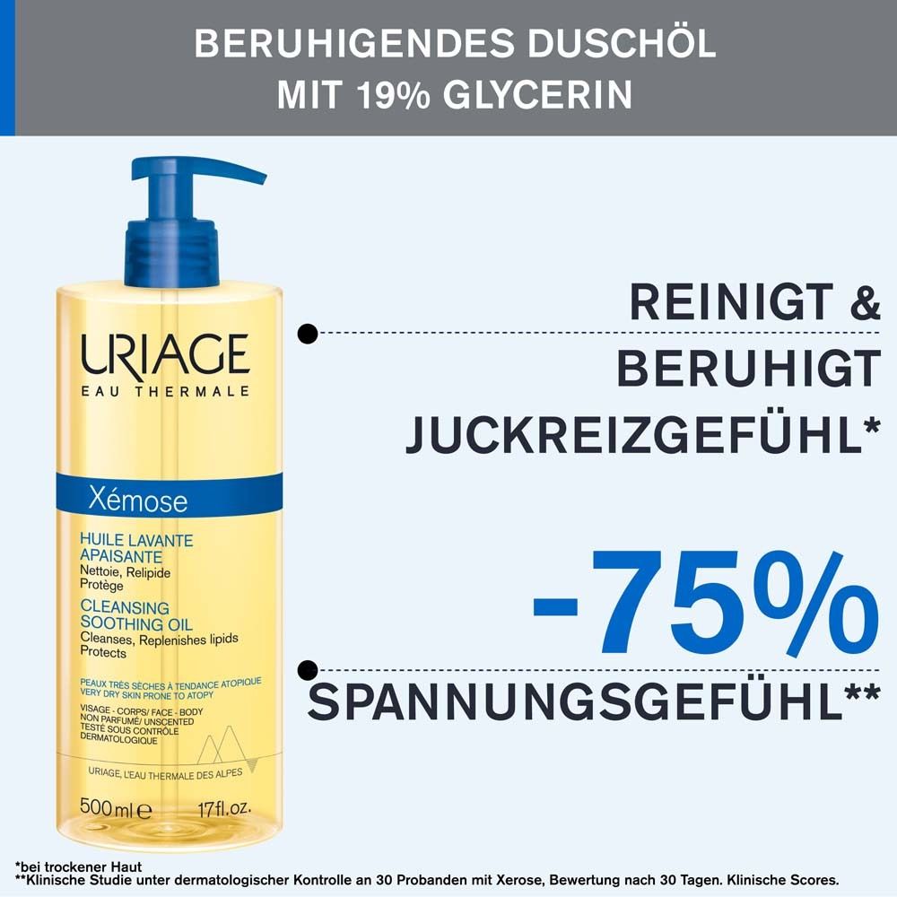 Uriage Xémose Reinigungsöl. Flasche mit blauem Pumpverschluss. Reinigt & beruhigt. -75% Spannungsgefühl.