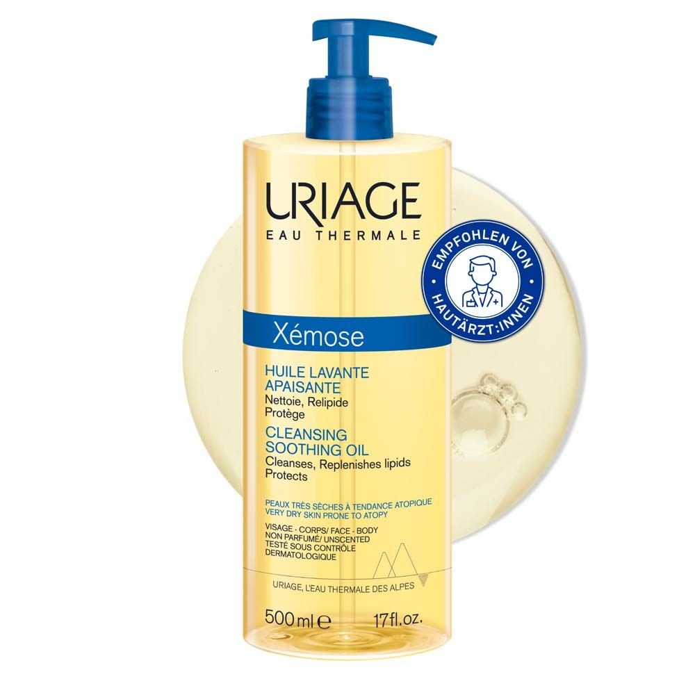Uriage Xémose Reinigungsöl. Flasche mit blauem Pumpverschluss. Gelbe Flüssigkeit. Aufkleber: Empfohlen von Hautärzten. Uriage, Xémose, Cleansing Soothing Oil.
