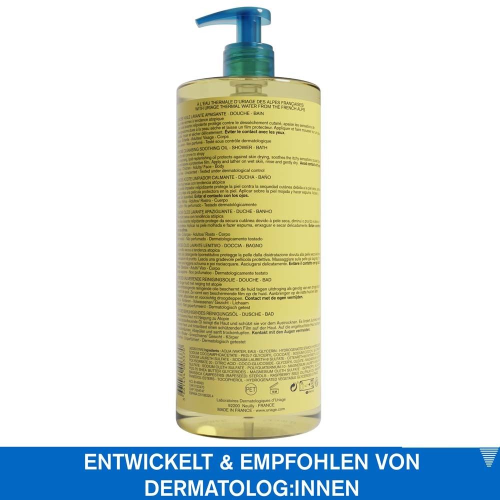 Rückseite der Uriage Xémose Reinigungsöl Flasche. Text: Entwickelt & empfohlen von Dermatolog:innen. Inhaltsstoffe, Anwendungshinweise.