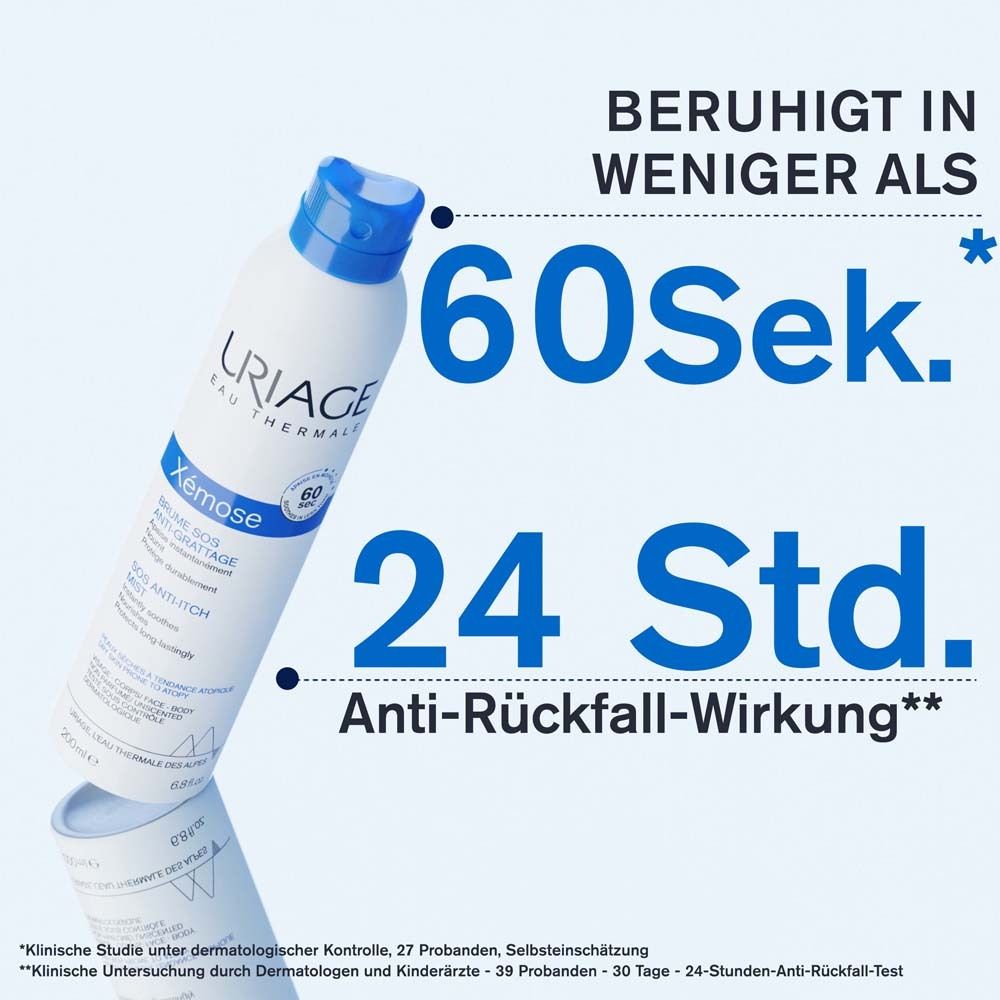 Spray mit blauem Deckel. Text: Beruhigt in weniger als 60 Sek. 24 Std. Anti-Rückfall-Wirkung.