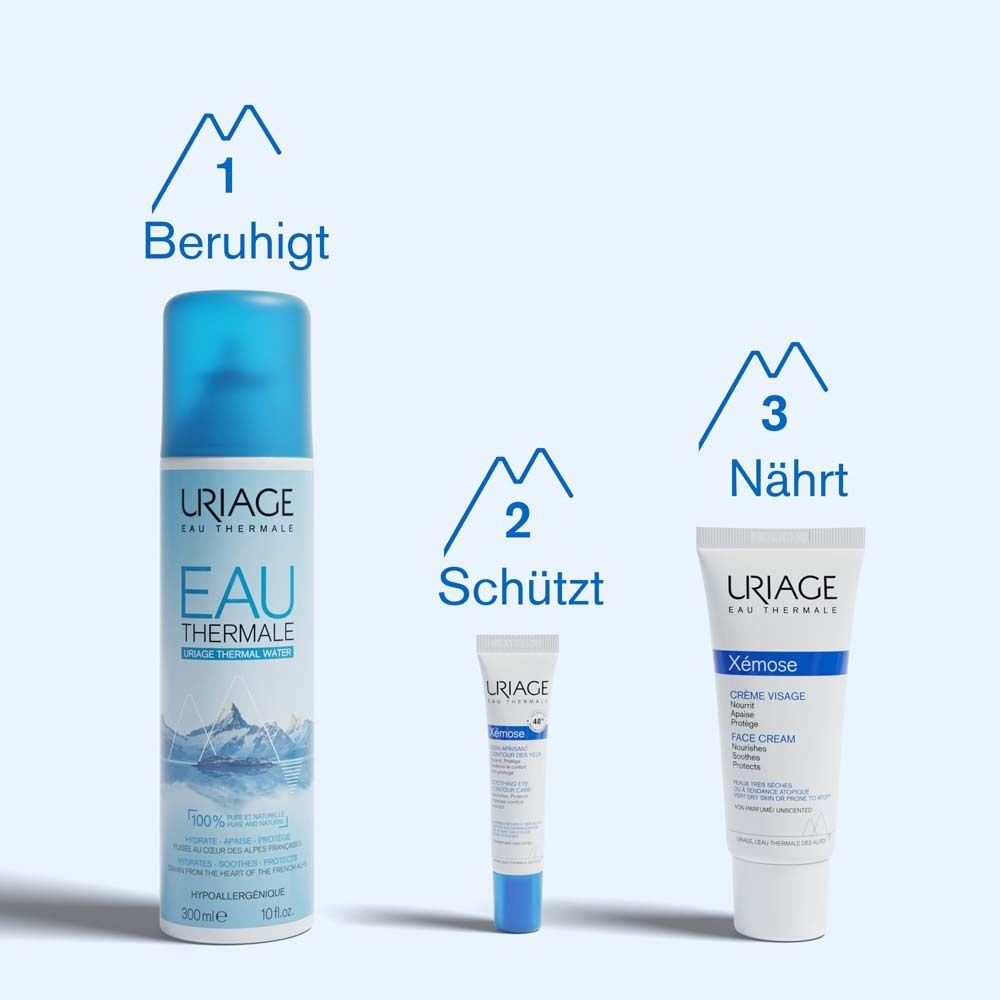 Drei Uriage Produkte. 1. Beruhigt. 2. Schützt. 3. Nährt. Uriage Eau Thermale, Xémose Augencreme, Xémose Creme Visage.