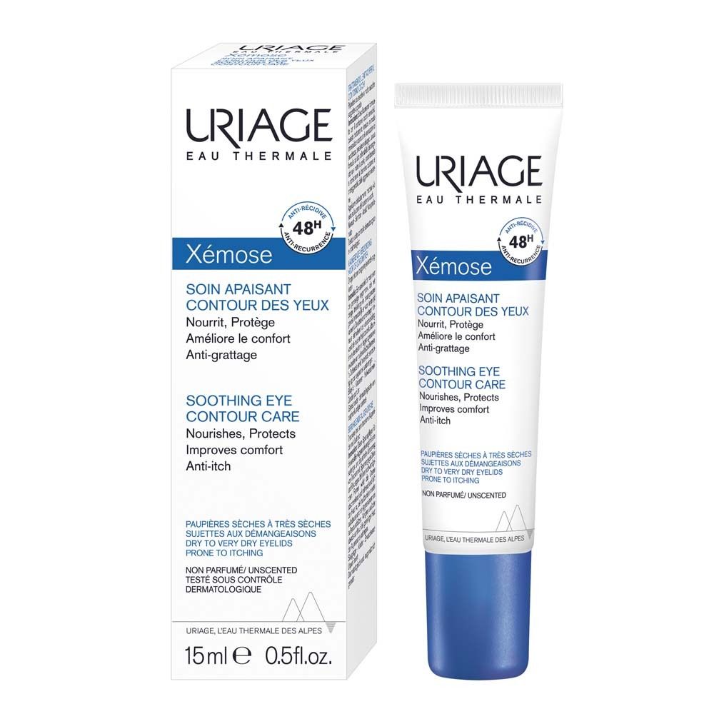 Uriage Xémose Augencreme Tube und Verpackung. Weiß, blau. Text: Soin Apaisant Contour des Yeux. 15ml.