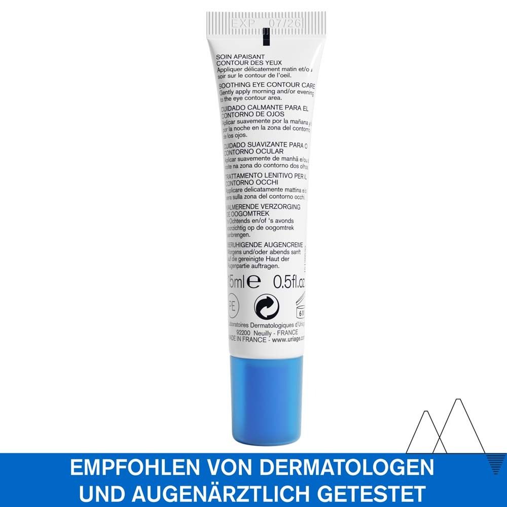 Rückseite der Uriage Xémose Augencreme Tube. Text: Empfohlen von Dermatologen und augenärztlich getestet. 15ml.