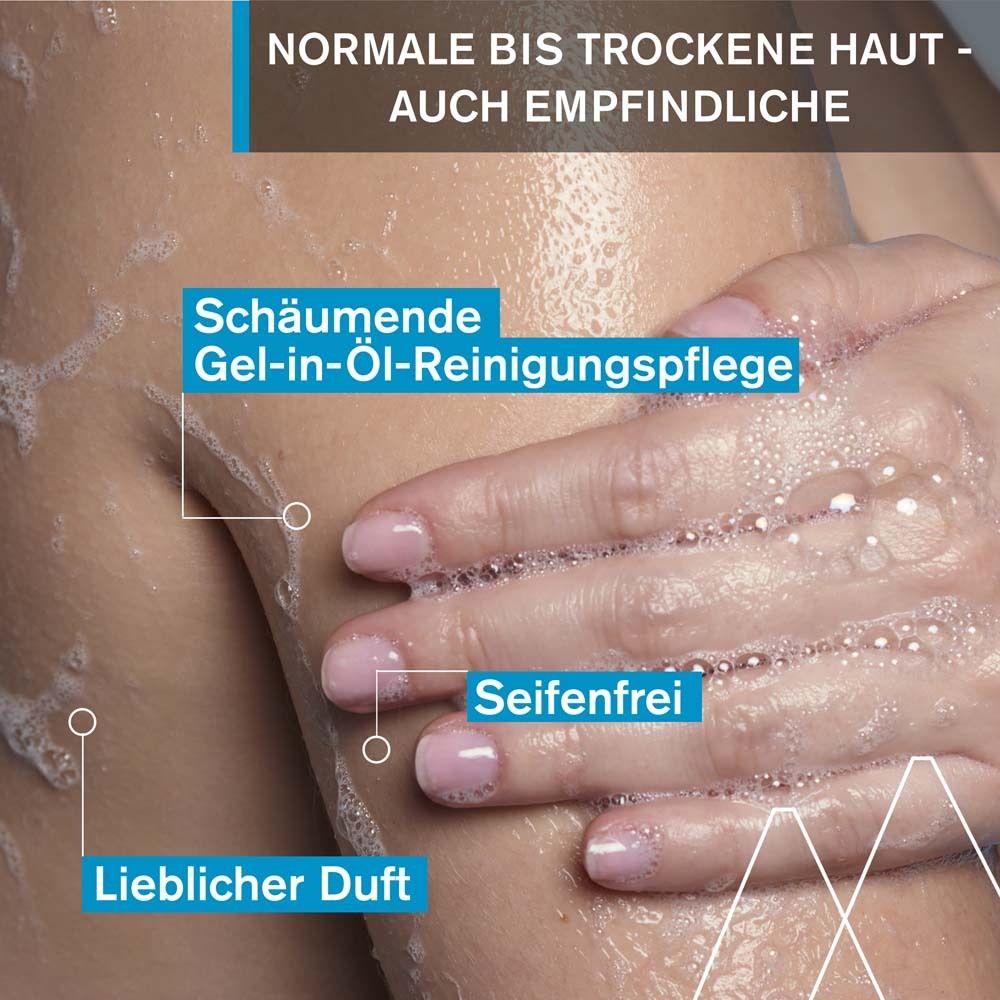 Haut mit Schaum bedeckt. Text: Seifenfrei, lieblicher Duft, für normale bis trockene Haut, auch empfindliche.