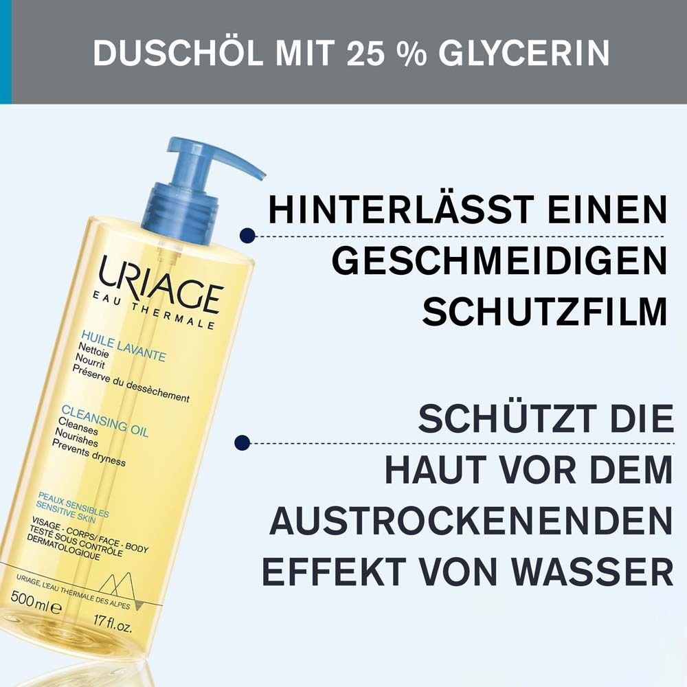 Uriage Duschöl mit 25% Glycerin. Hinterlässt einen geschmeidigen Schutzfilm. Schützt vor Austrocknung.