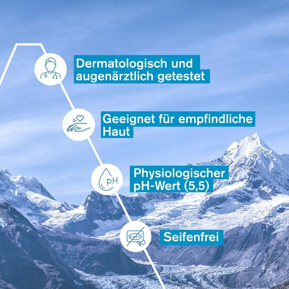 Dermatologisch und augenärztlich getestet. Geeignet für empfindliche Haut. Physiologischer pH-Wert (5,5). Seifenfrei.