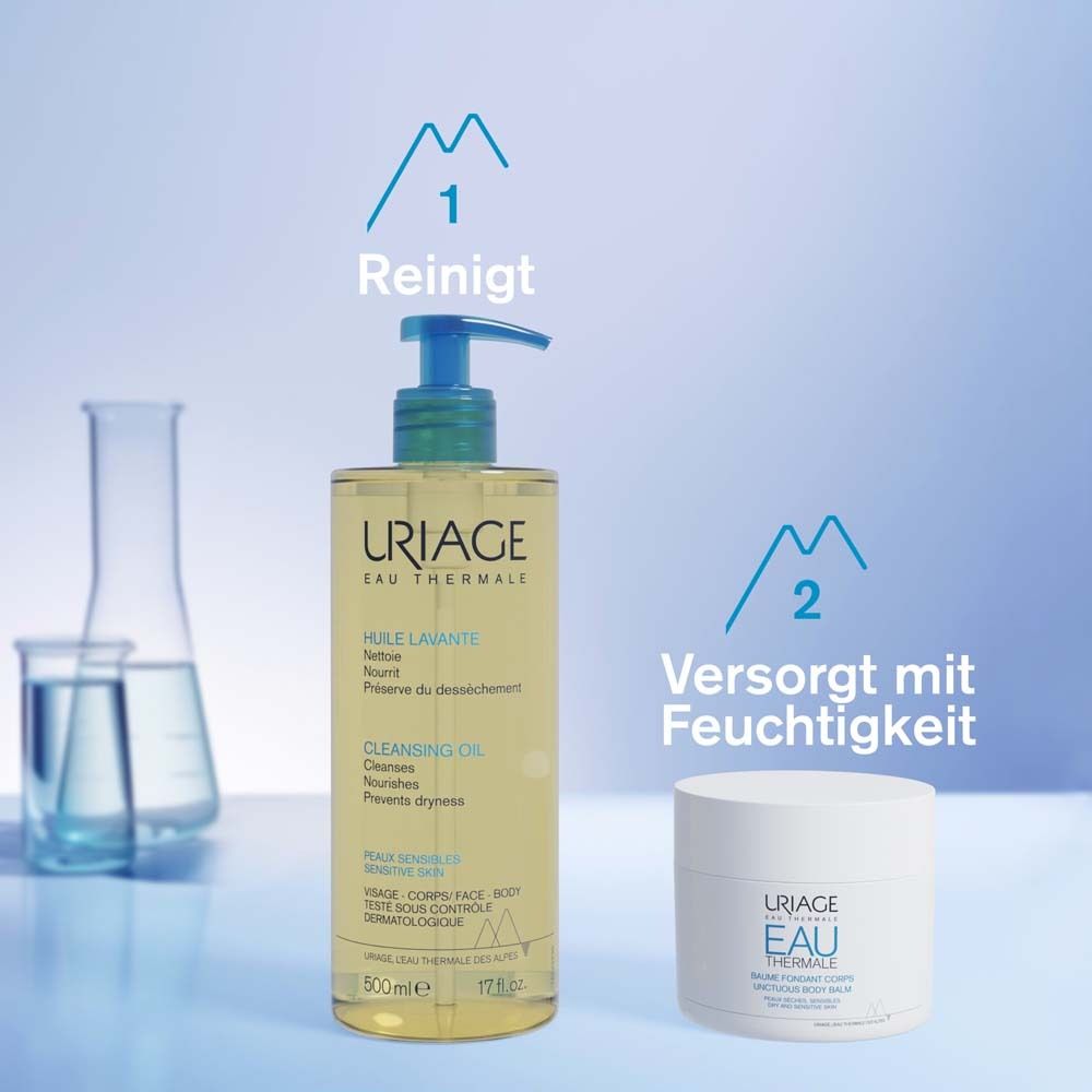 Uriage Eau Thermale Huile Lavante und Creme. Reinigt und versorgt mit Feuchtigkeit. Flasche und Tiegel.