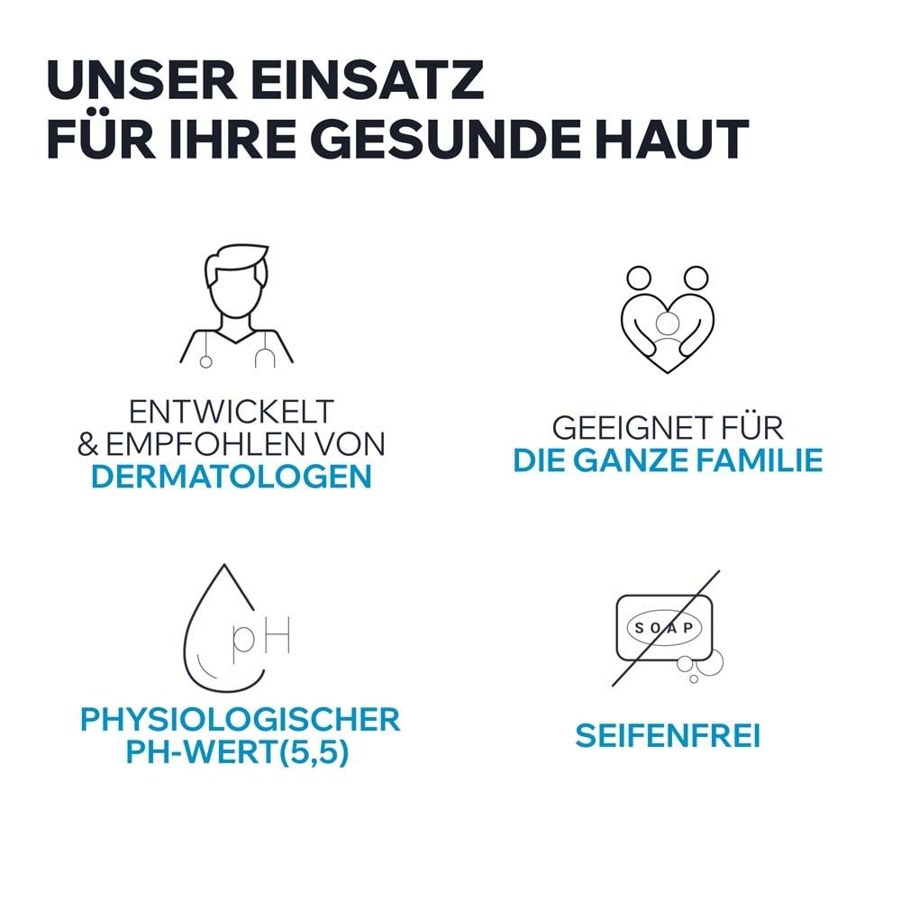 Icons: Entwickelt von Dermatologen, geeignet für die ganze Familie, physiologischer pH-Wert, seifenfrei.