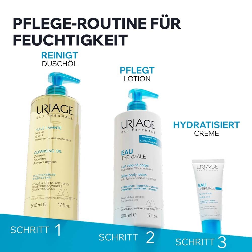 Pflege-Routine: Uriage Duschöl, Lotion, Creme. Schritte 1, 2, 3. Produkte mit blauen Pumpverschlüssen.