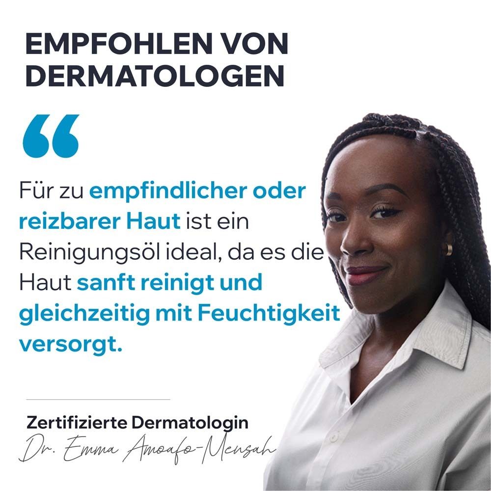 Frau mit Text: Für empfindliche Haut ist ein Reinigungsöl ideal. Zertifizierte Dermatologin Dr. Emma Amoafo-Mensah.
