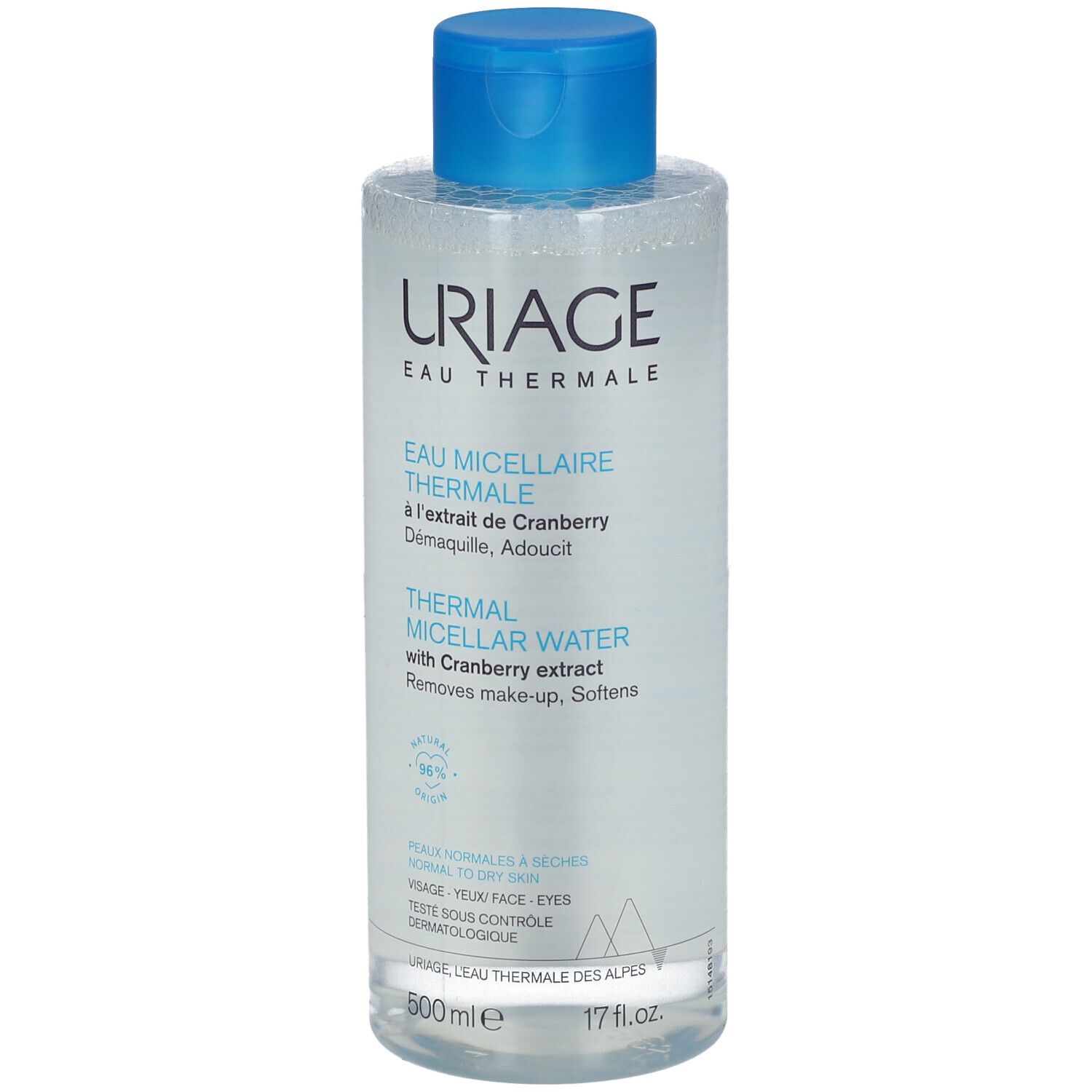 Klare Flasche mit blauem Deckel. Aufschrift: URIAGE Eau Thermale. Enthält Mizellen Thermalwasser mit Cranberry-Extrakt.