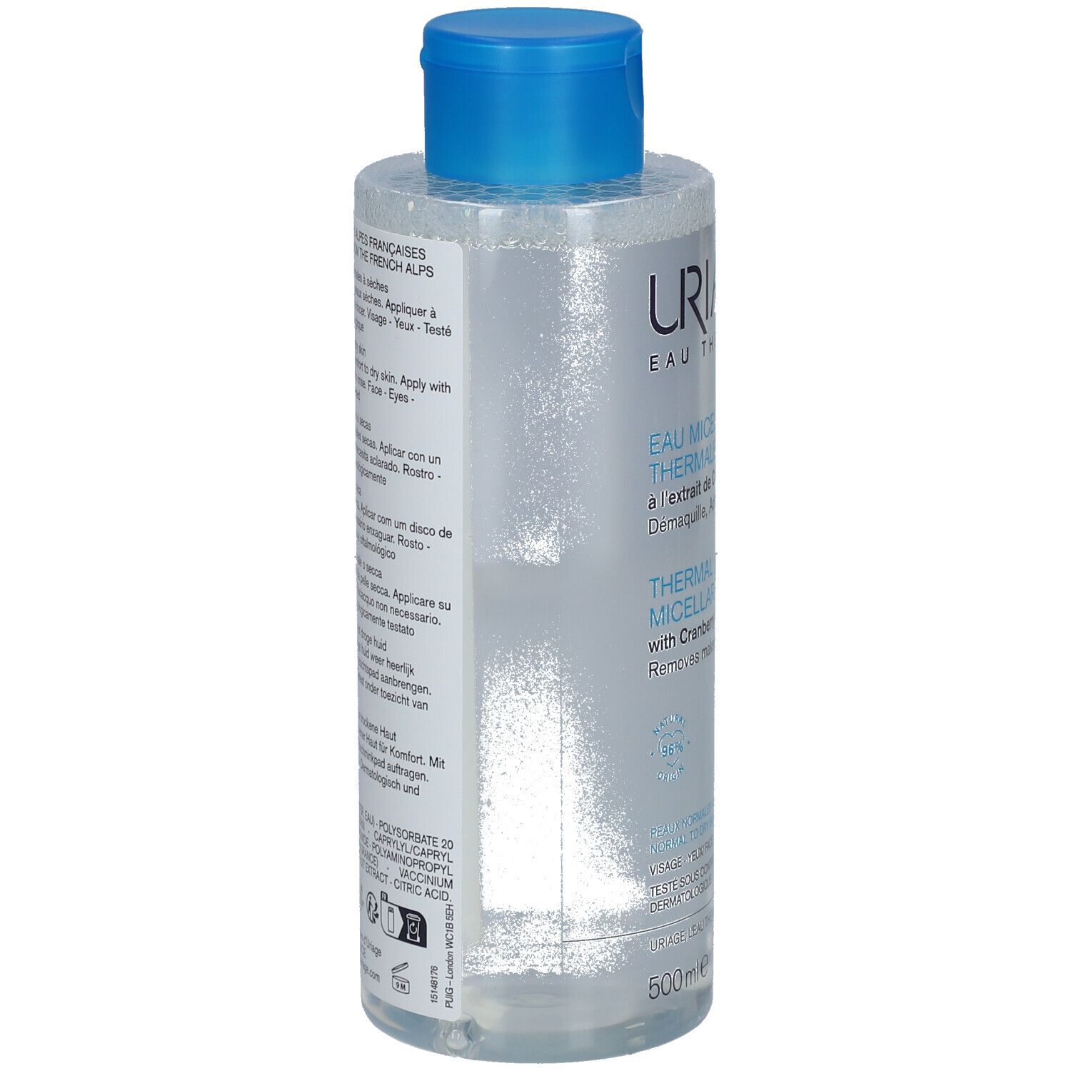Klare Flasche mit blauem Deckel. Aufschrift: URIAGE Eau Thermale. Rückseite mit Produktinformationen in verschiedenen Sprachen.