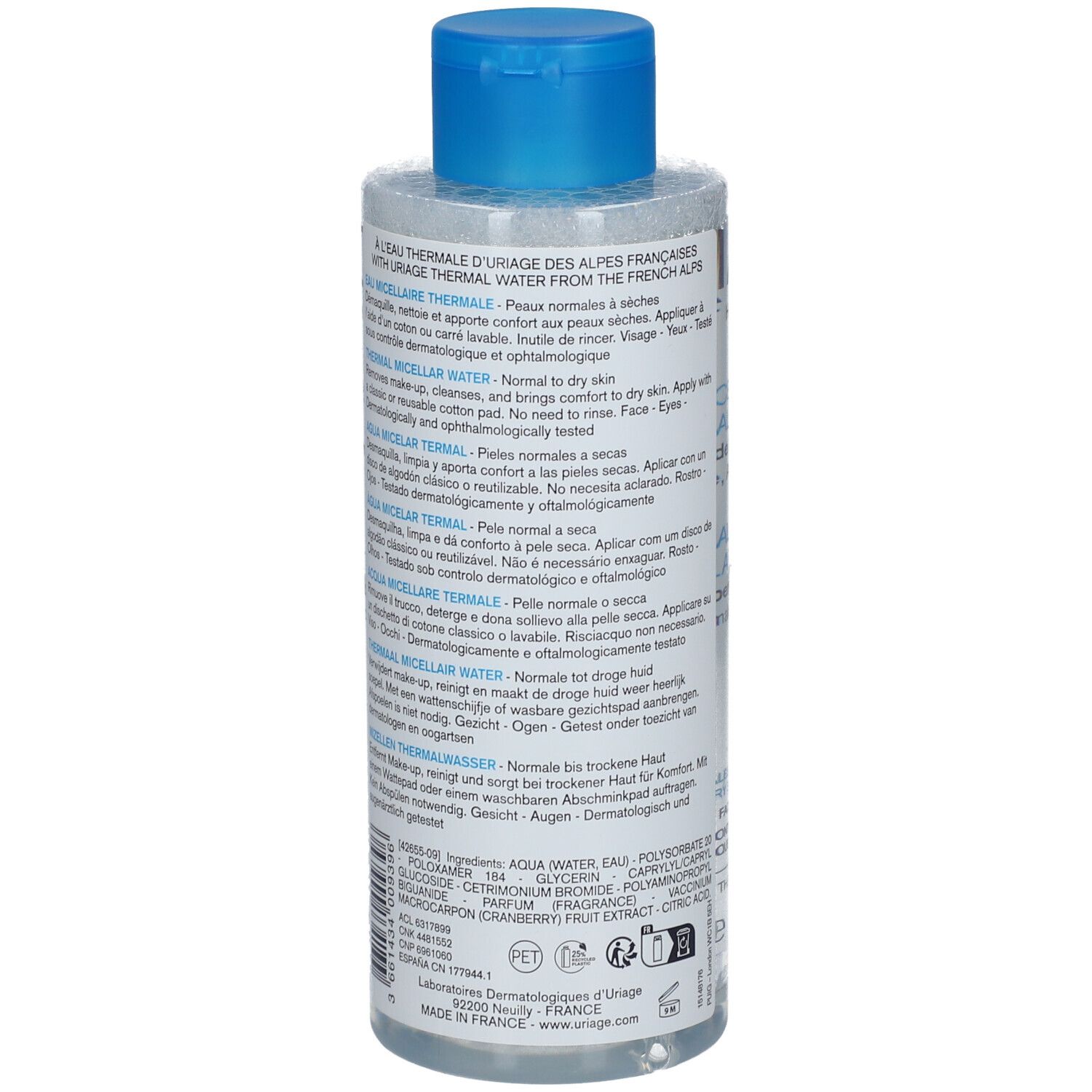 Rückseite einer transparenten Flasche mit blauem Deckel. Produktinformationen in verschiedenen Sprachen. Aufschrift: URIAGE Eau Thermale.