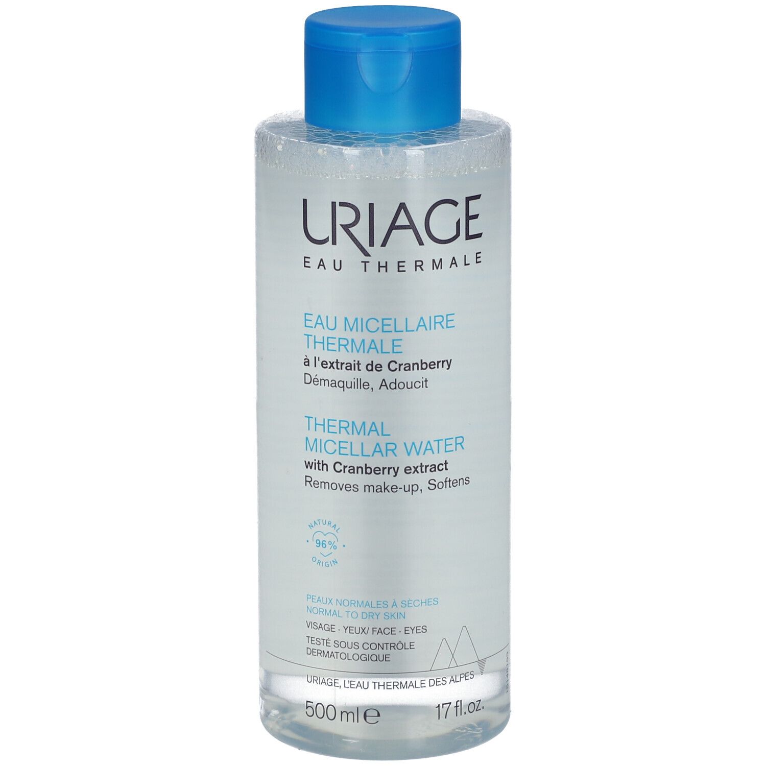 Klare Flasche mit blauem Deckel. Aufschrift: URIAGE Eau Thermale. Enthält Mizellen Thermalwasser mit Cranberry-Extrakt.