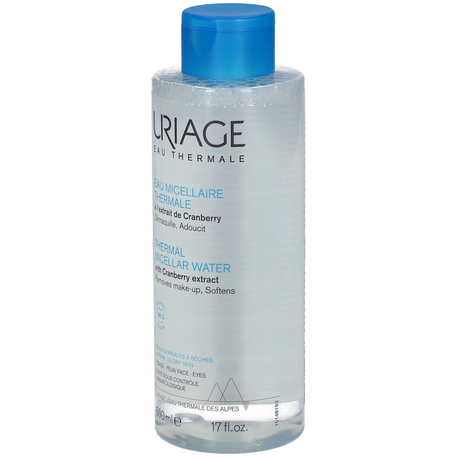 Klare Flasche mit blauem Deckel. Aufschrift: URIAGE Eau Thermale. Enthält Mizellen Thermalwasser mit Cranberry-Extrakt.