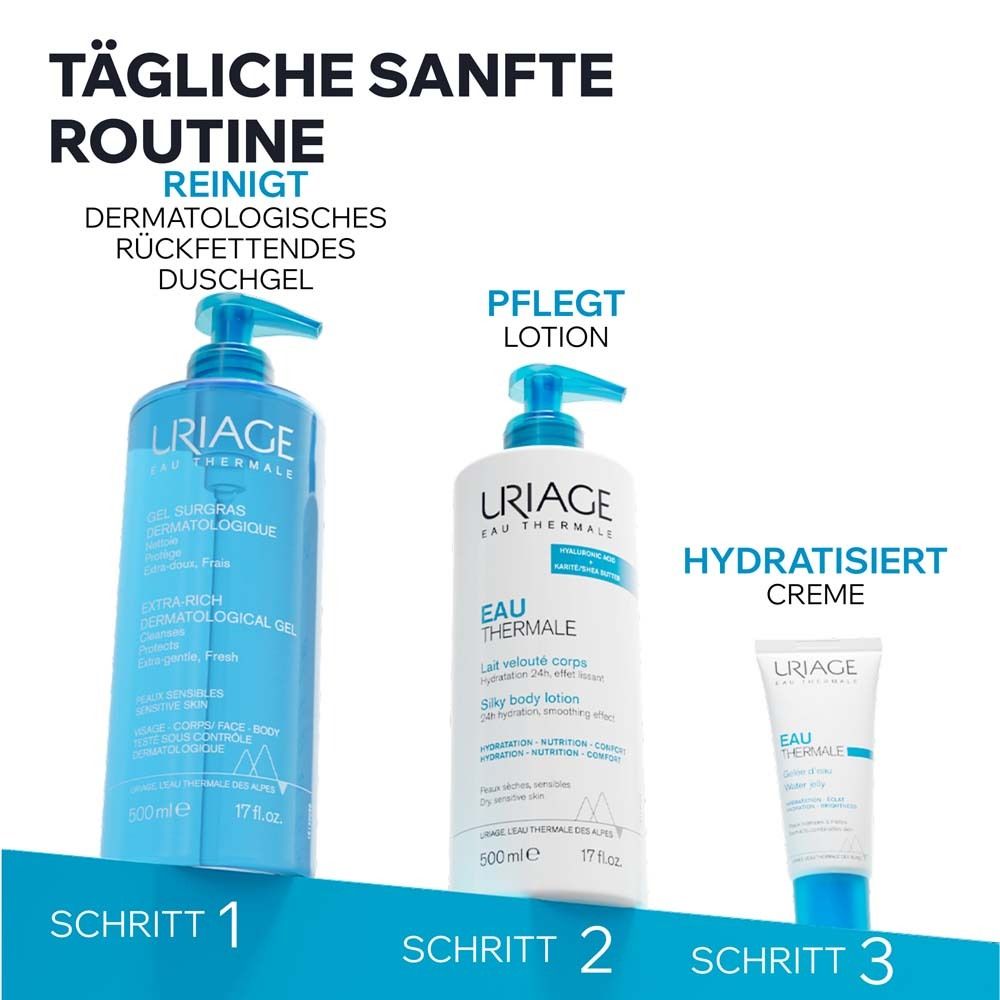 Drei Uriage Produkte: Duschgel, Lotion und Creme. Schritt 1, 2, 3. Text: Tägliche sanfte Routine. Reinigt, pflegt, hydratisiert.