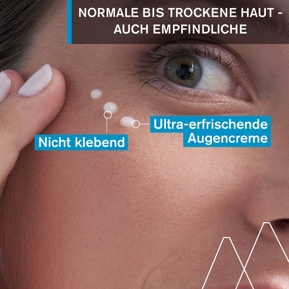 Nahaufnahme eines Auges. Drei Tropfen Creme. Text: Nicht klebend, Ultra-erfrischende Augencreme.