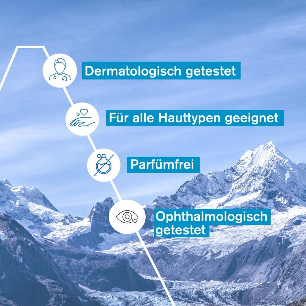 Grafik mit Symbolen: Dermatologisch getestet, Für alle Hauttypen geeignet, Parfümfrei, Ophthalmologisch getestet.
