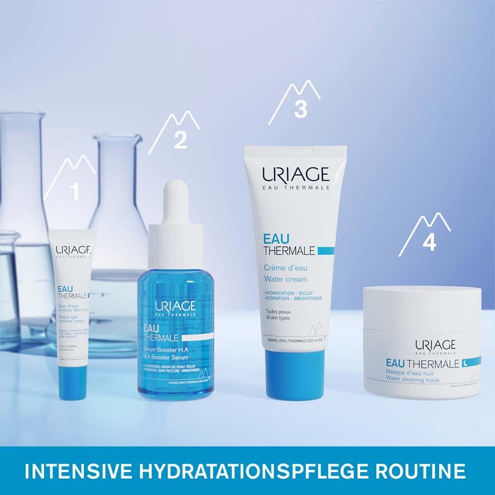 Verschiedene Produkte: Serum, Augencreme, Gesichtscreme. Text: Intensive Hydratationspflege Routine.
