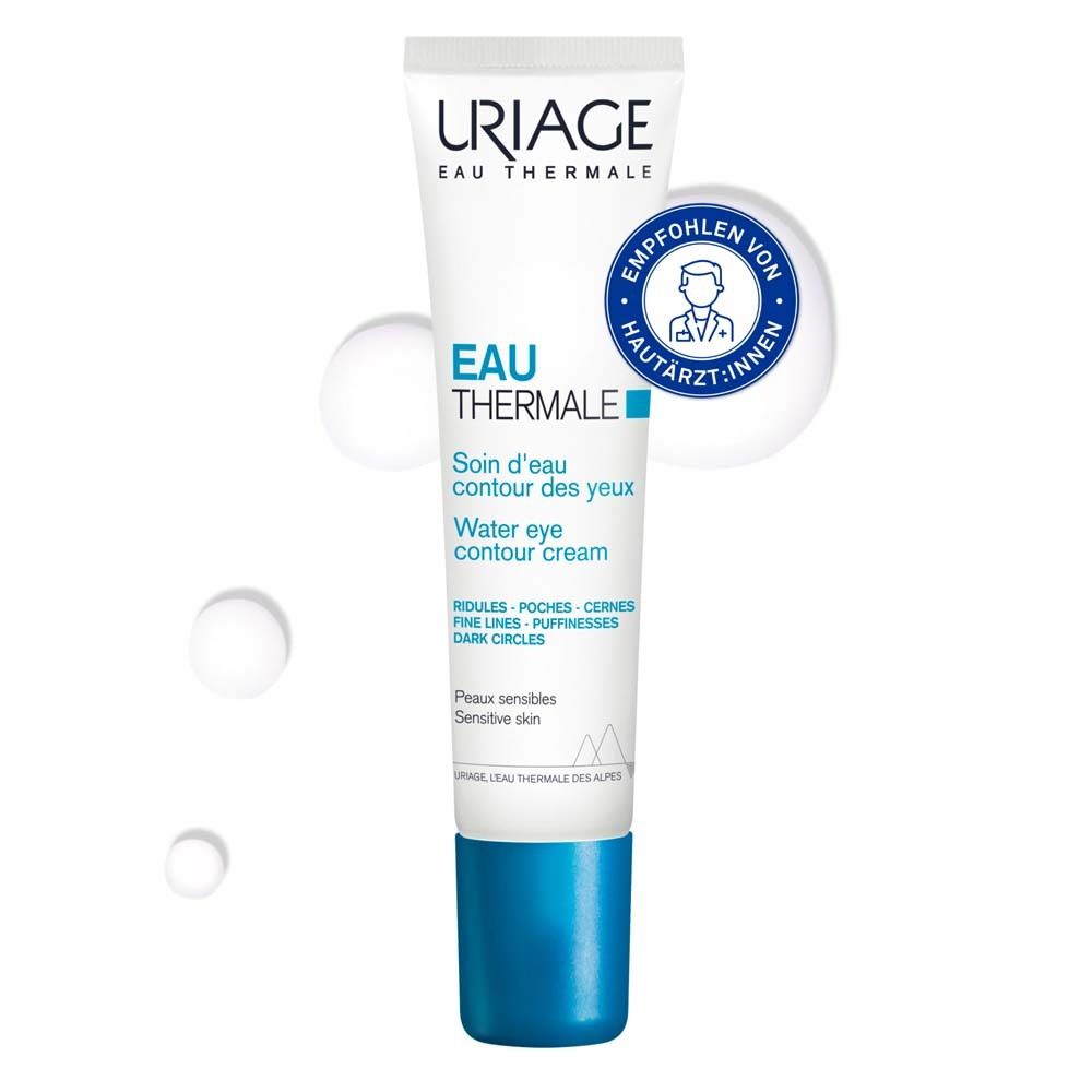 Tube mit Text und Tropfen. Empfohlen von Hautärzten. Text: Water eye contour cream.
