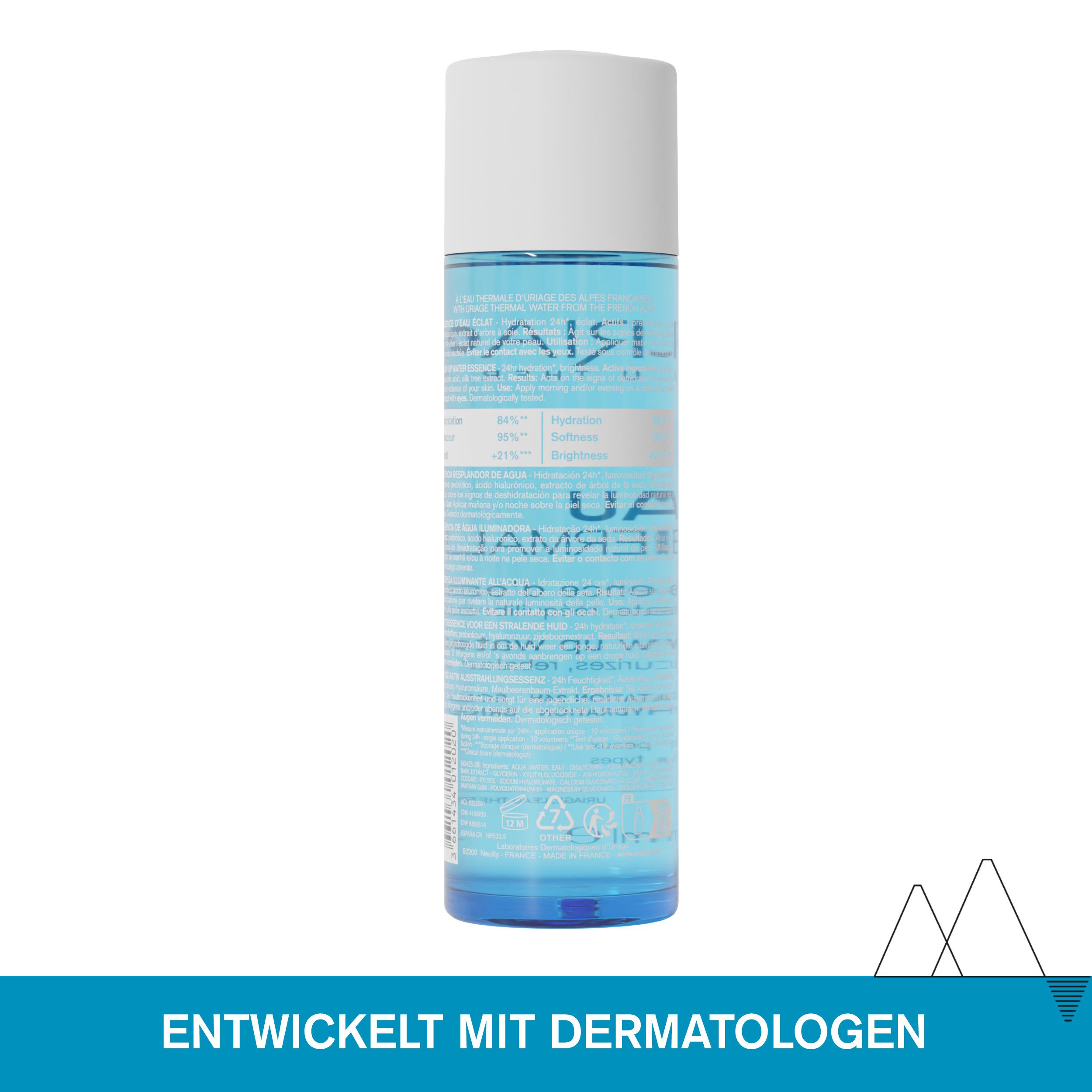 Rückseite der Uriage Eau Thermale Ausstrahlungsessenz. Text: Entwickelt mit Dermatologen.