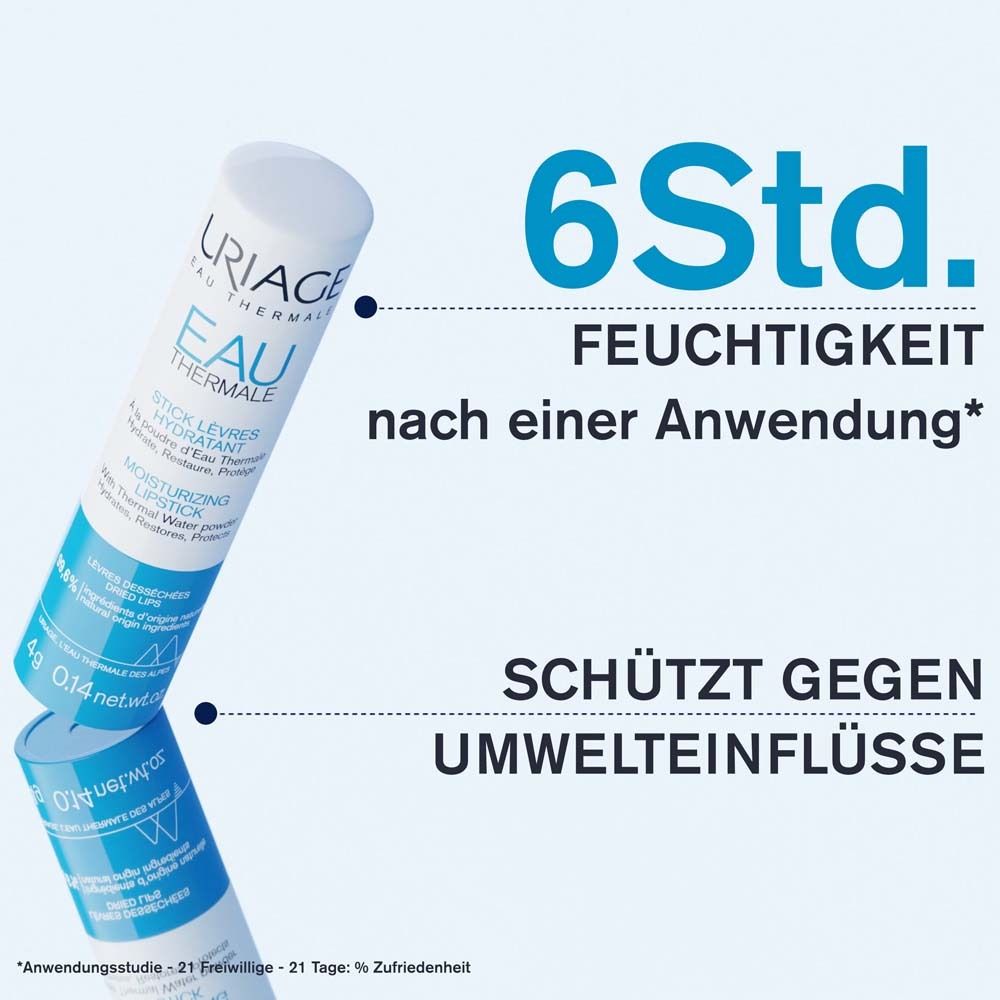 Lippenpflegestift Uriage Eau Thermale. Text: '6 Std. Feuchtigkeit'. Schützt gegen Umwelteinflüsse.