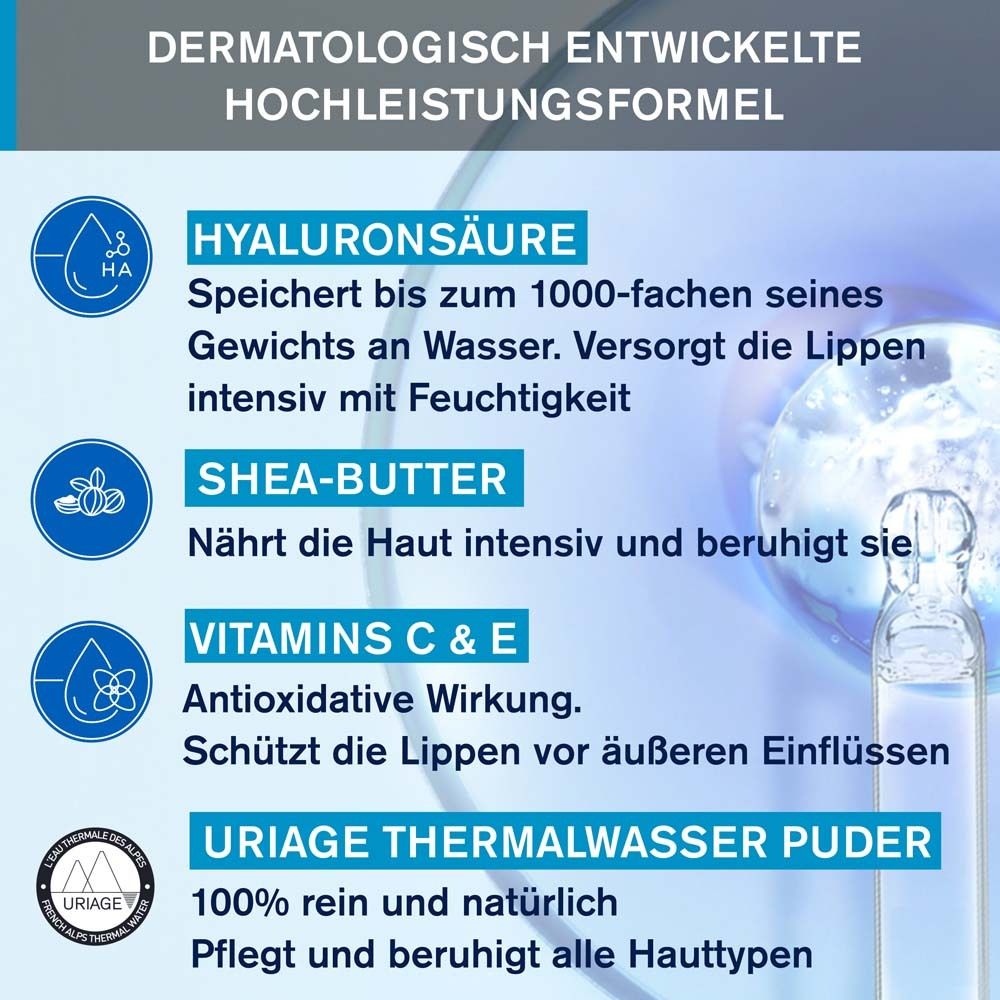 Inhaltsstoffe des Lippenpflegestifts. Hyaluronsäure, Sheabutter, Vitamine C & E, Uriage Thermalwasser.