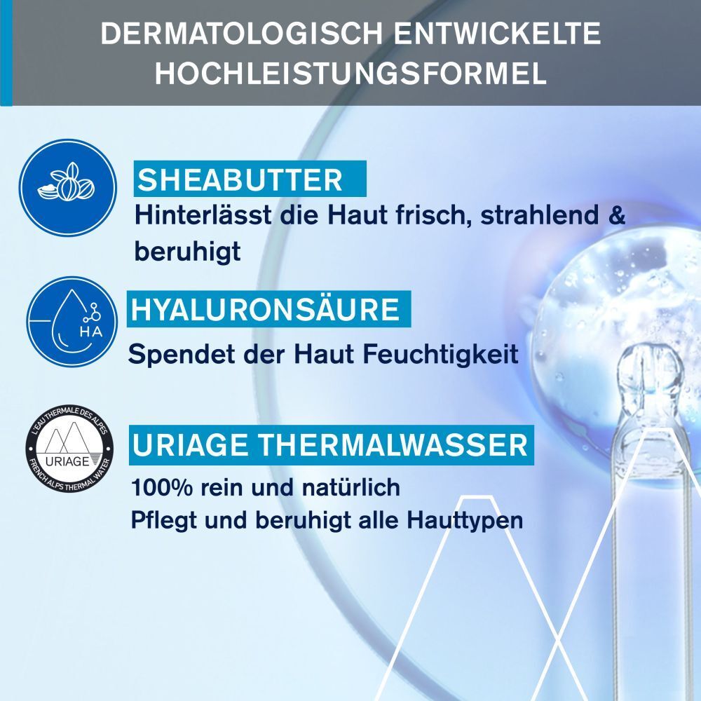 Grafik mit Inhaltsstoffen: Sheabutter, Hyaluronsäure, Uriage Thermalwasser. Dermatologisch entwickelte Hochleistungsformel.