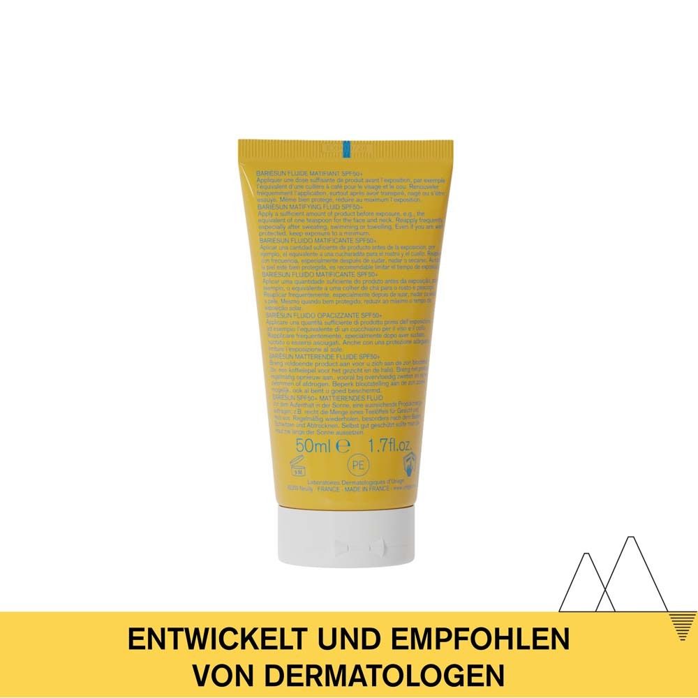 Rückseite einer gelben Tube mit weißem Verschluss. Text. Aufschrift: 50ml e 1.7 fl.oz. Entwickelt und empfohlen von Dermatologen.