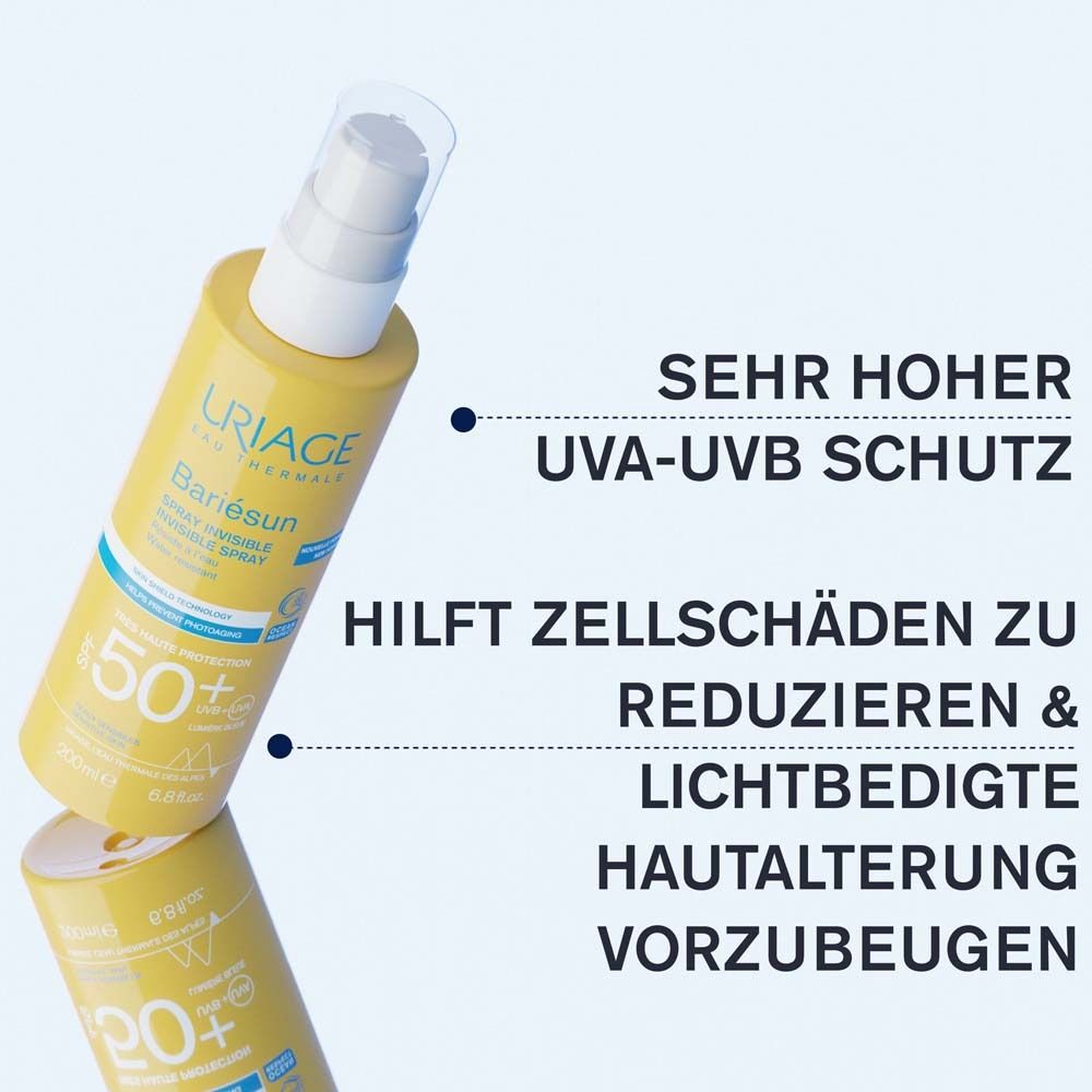 Gelbe Flasche mit Text: URIAGE, Bariesun, 50+ SPF. Sehr hoher UVA-UVB Schutz. Hilft Zellschäden zu reduzieren & lichtbedingte Hautalterung.