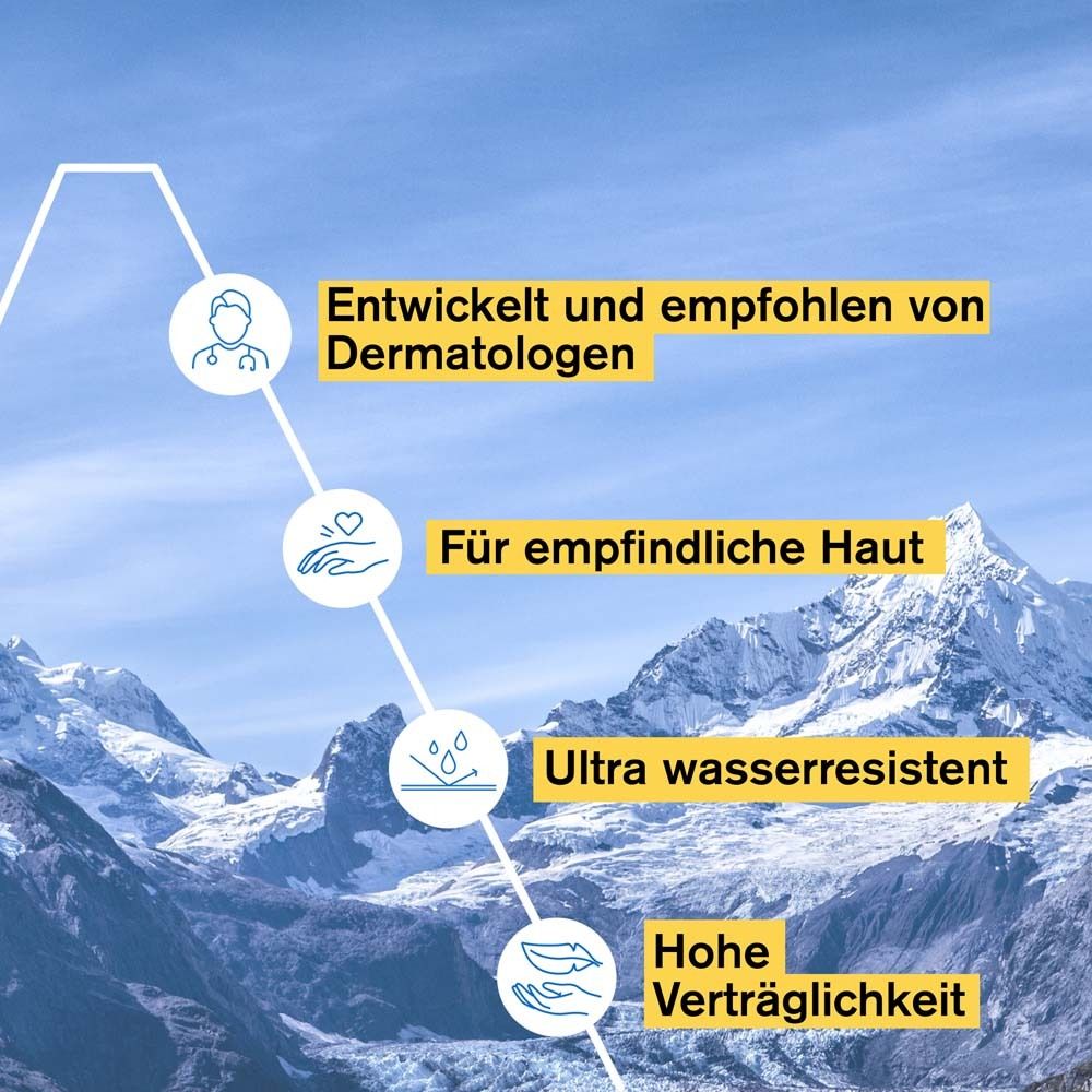 Text: Entwickelt und empfohlen von Dermatologen. Für empfindliche Haut. Ultra wasserresistent. Hohe Verträglichkeit.