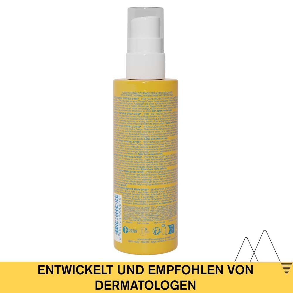 Gelbe Flasche mit weißem Sprühkopf. Text: Entwickelt und empfohlen von Dermatologen. Produktinformationen.
