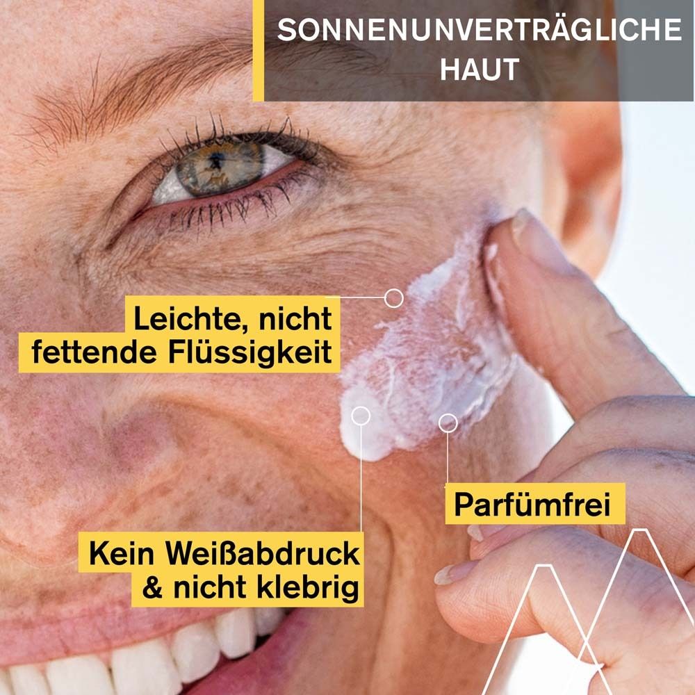Gesicht mit Sonnencreme. Text: Leichte, nicht fettende Flüssigkeit. Kein Weißabdruck. Parfümfrei.