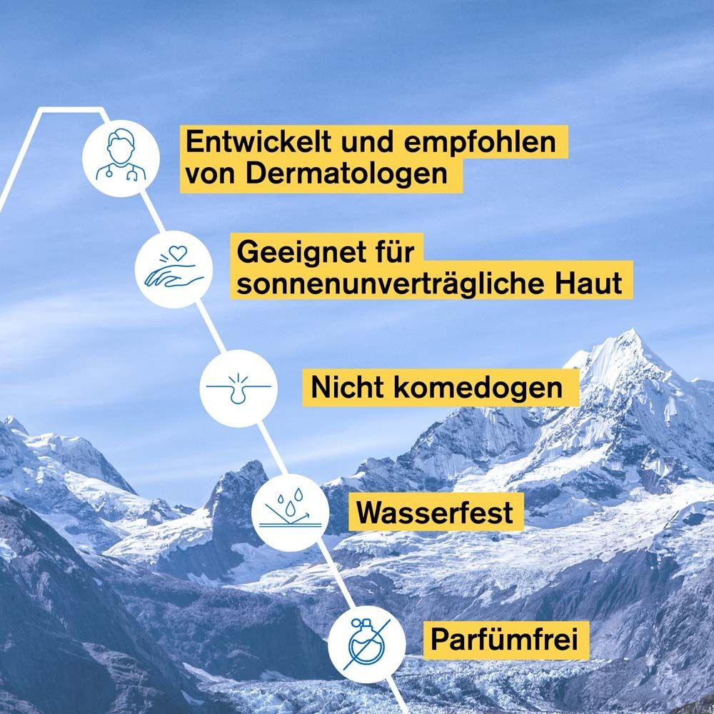 Grafik mit Eigenschaften. Für sonnenunverträgliche Haut. Nicht komedogen. Wasserfest. Parfümfrei.