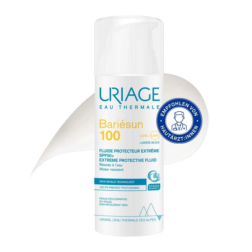 Weisse Flasche URIAGE EAU THERMALE Bariésun 100. SPF50+. Empfohlen von Hautärzten.